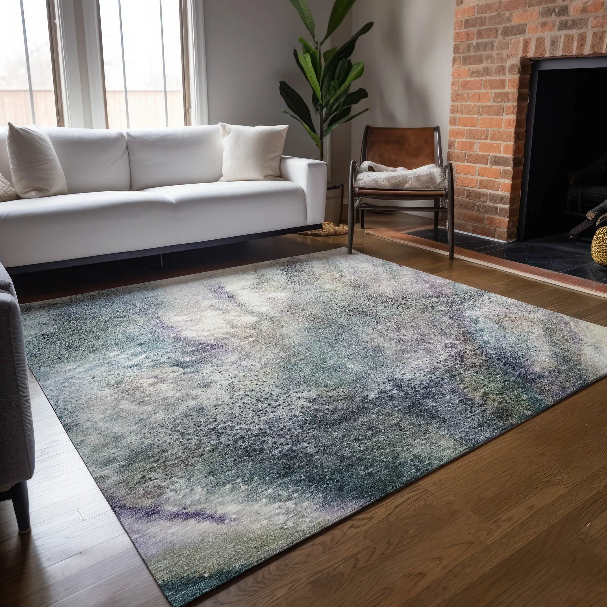 Machine Washable Indoor/ Outdoor Abstract Watercolor Chantille Rug