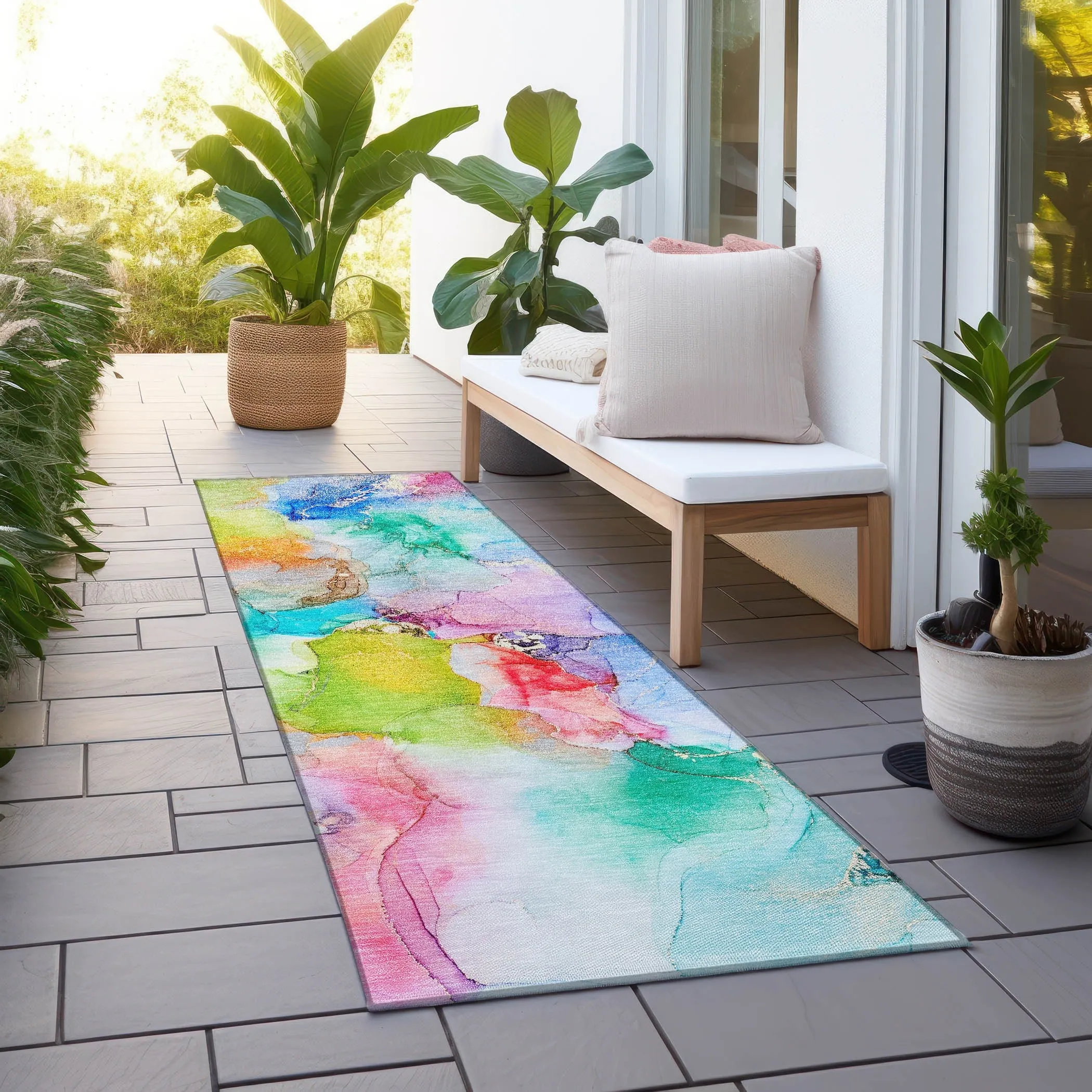 Machine Washable Indoor/ Outdoor Abstract Watercolor Chantille Rug