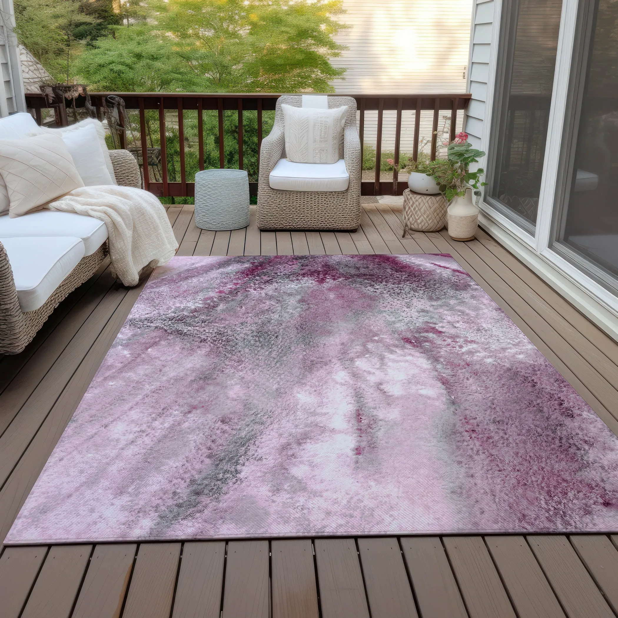 Machine Washable Indoor/ Outdoor Abstract Watercolor Chantille Rug