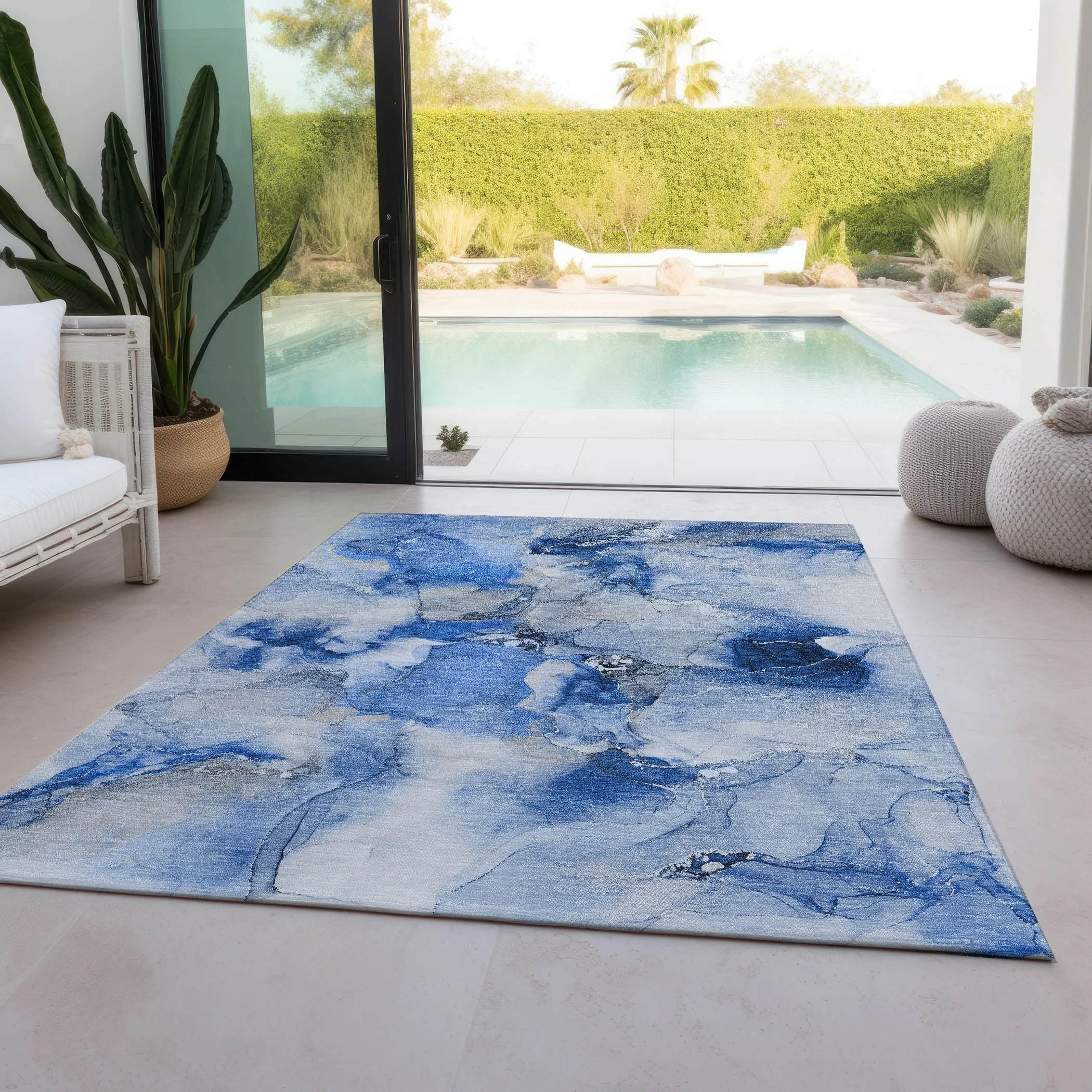 Machine Washable Indoor/ Outdoor Abstract Watercolor Chantille Rug