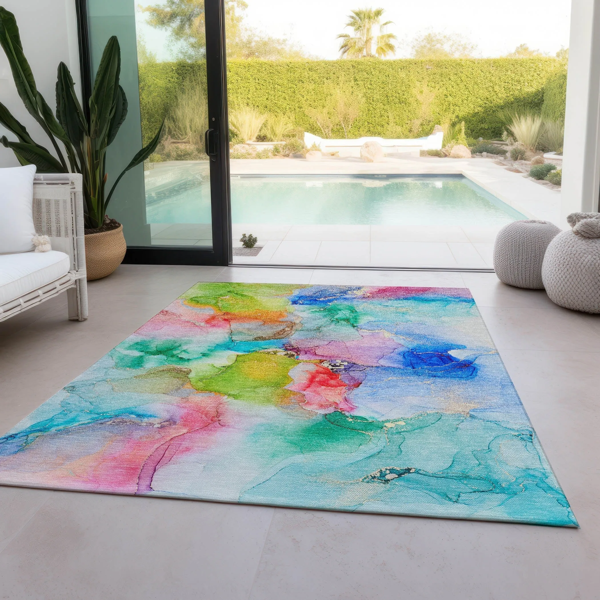 Machine Washable Indoor/ Outdoor Abstract Watercolor Chantille Rug