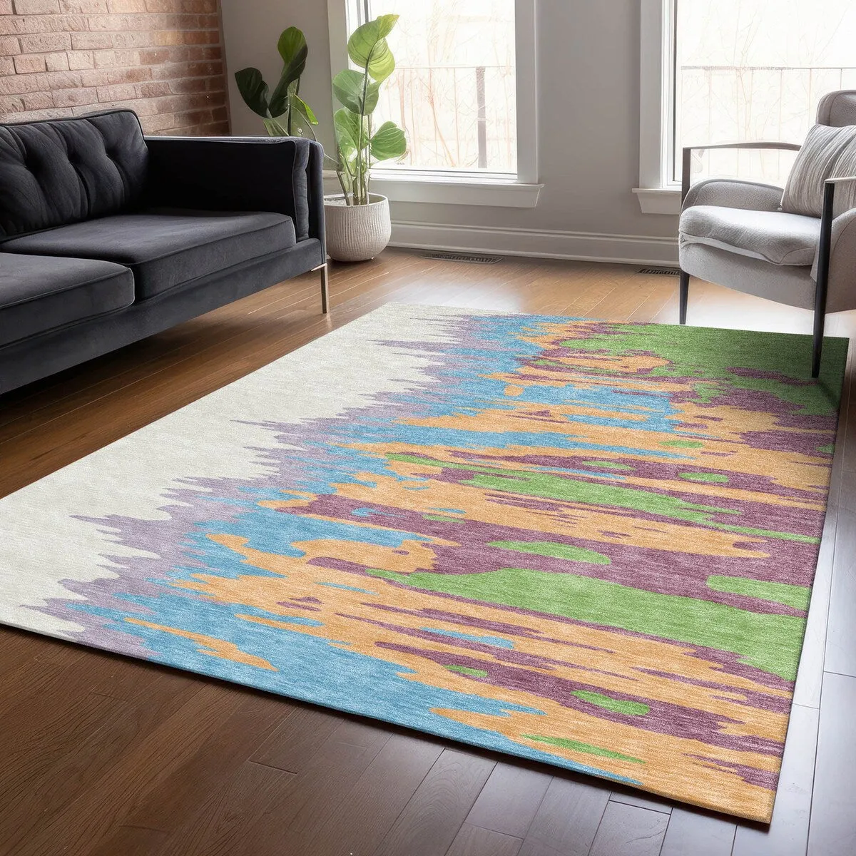 Machine Washable Indoor/ Outdoor Brushstrokes Ombre Chantille Rug