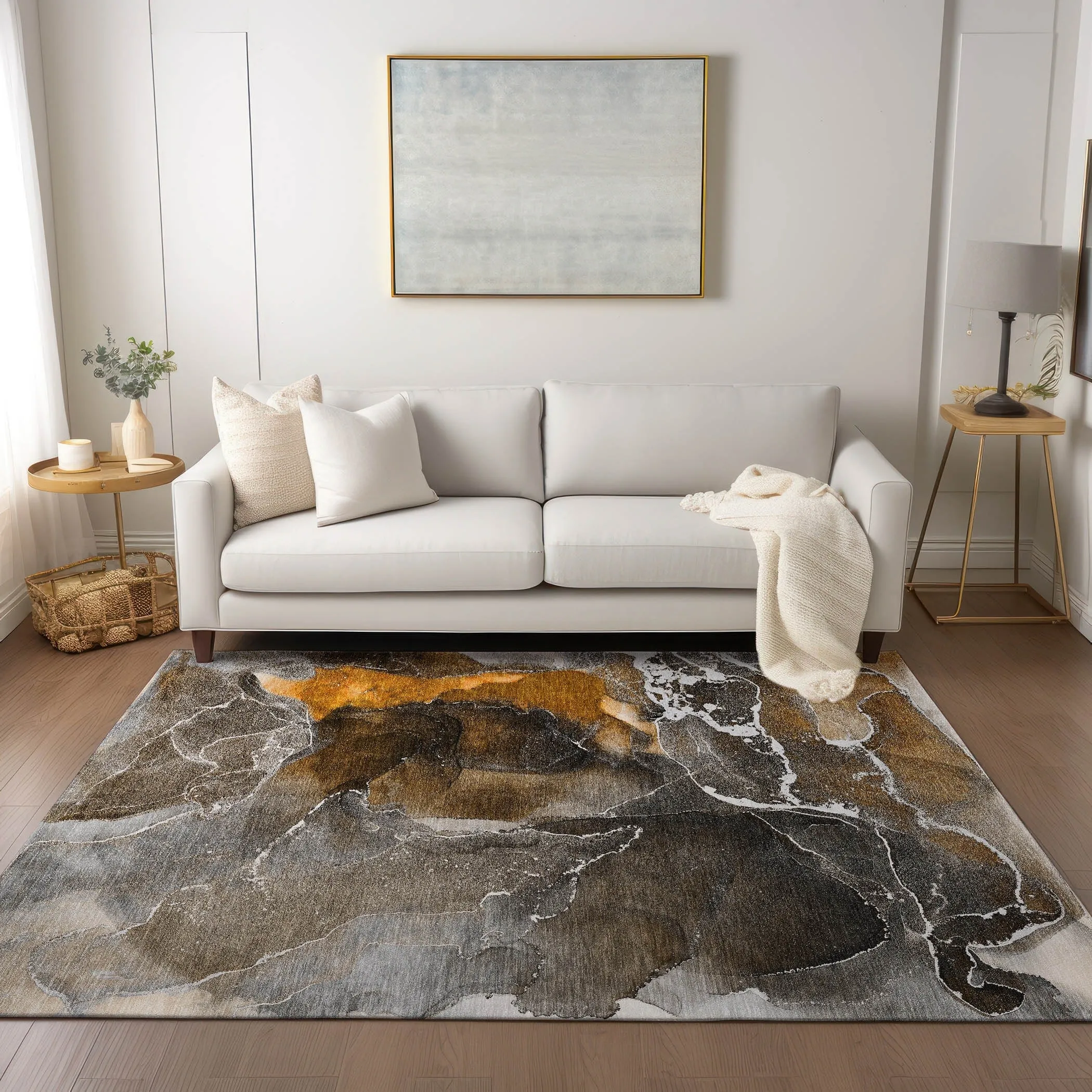 Machine Washable Indoor/ Outdoor Chantille Abstract Brown Rug