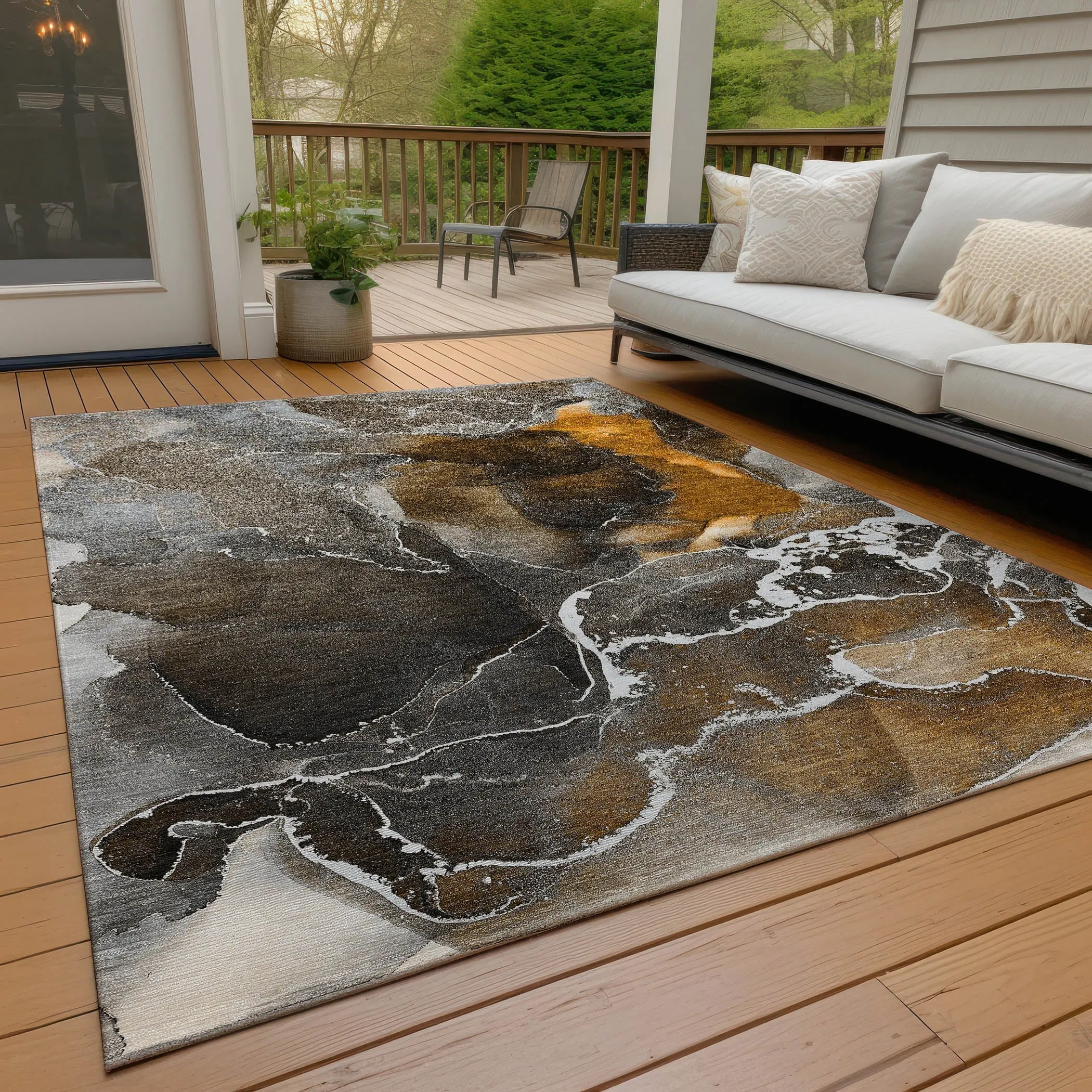 Machine Washable Indoor/ Outdoor Chantille Abstract Brown Rug