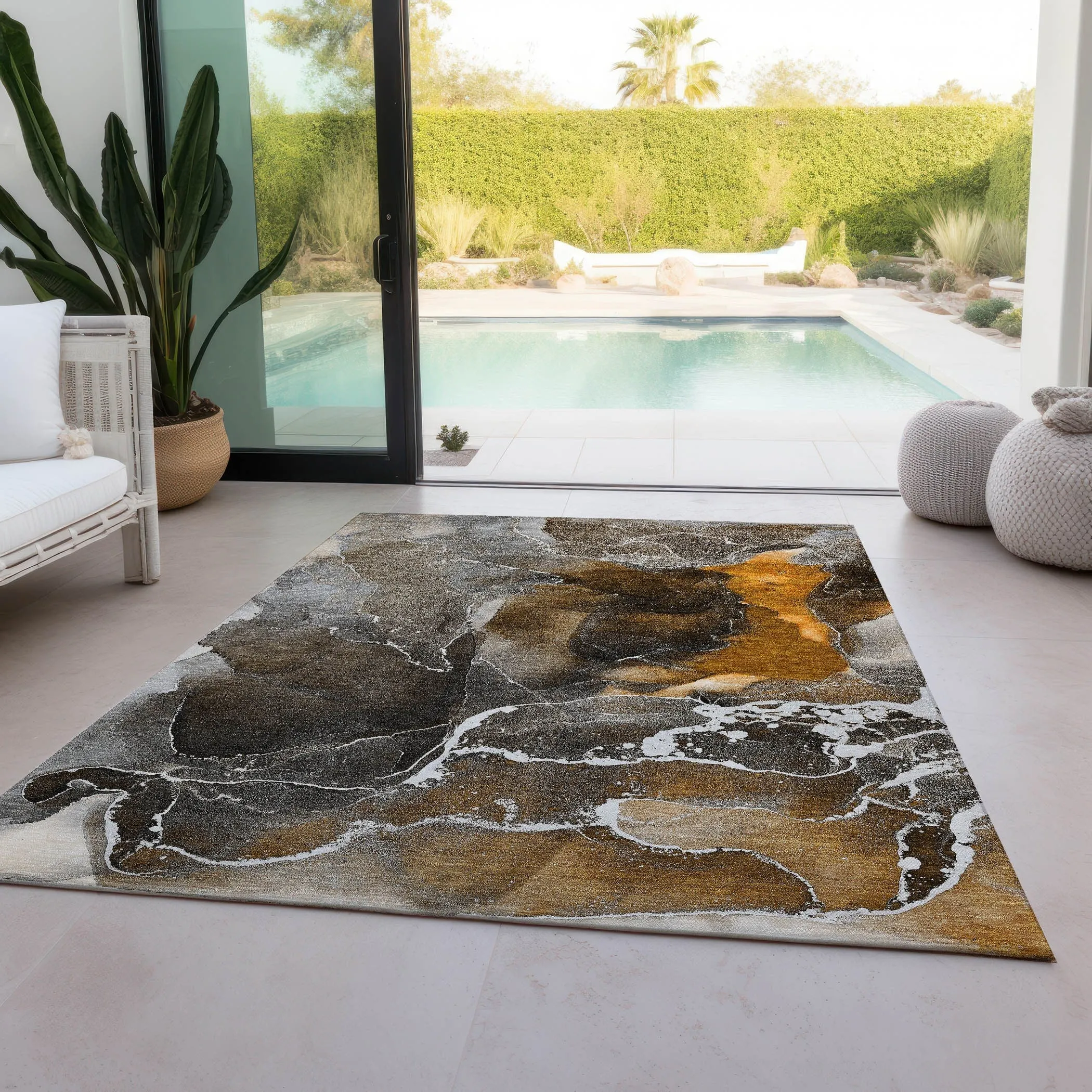 Machine Washable Indoor/ Outdoor Chantille Abstract Brown Rug