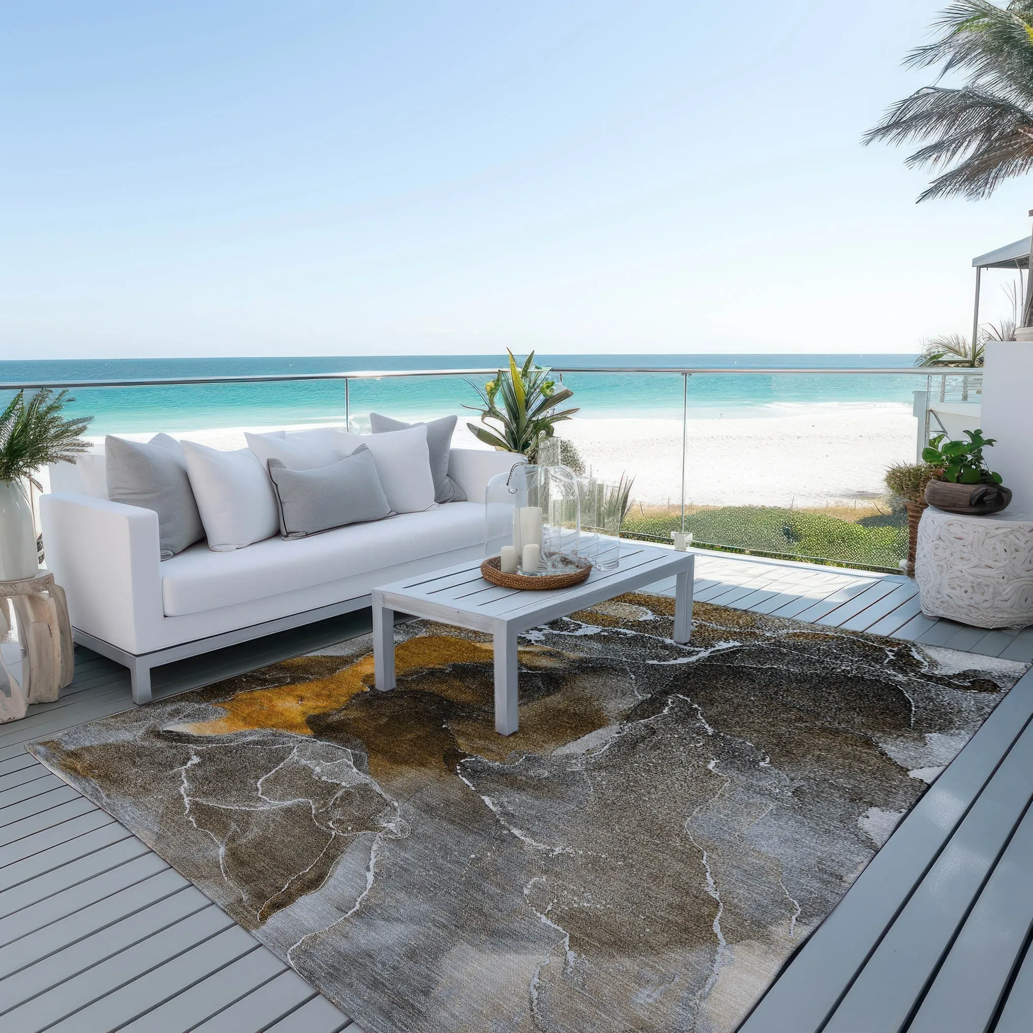 Machine Washable Indoor/ Outdoor Chantille Abstract Brown Rug
