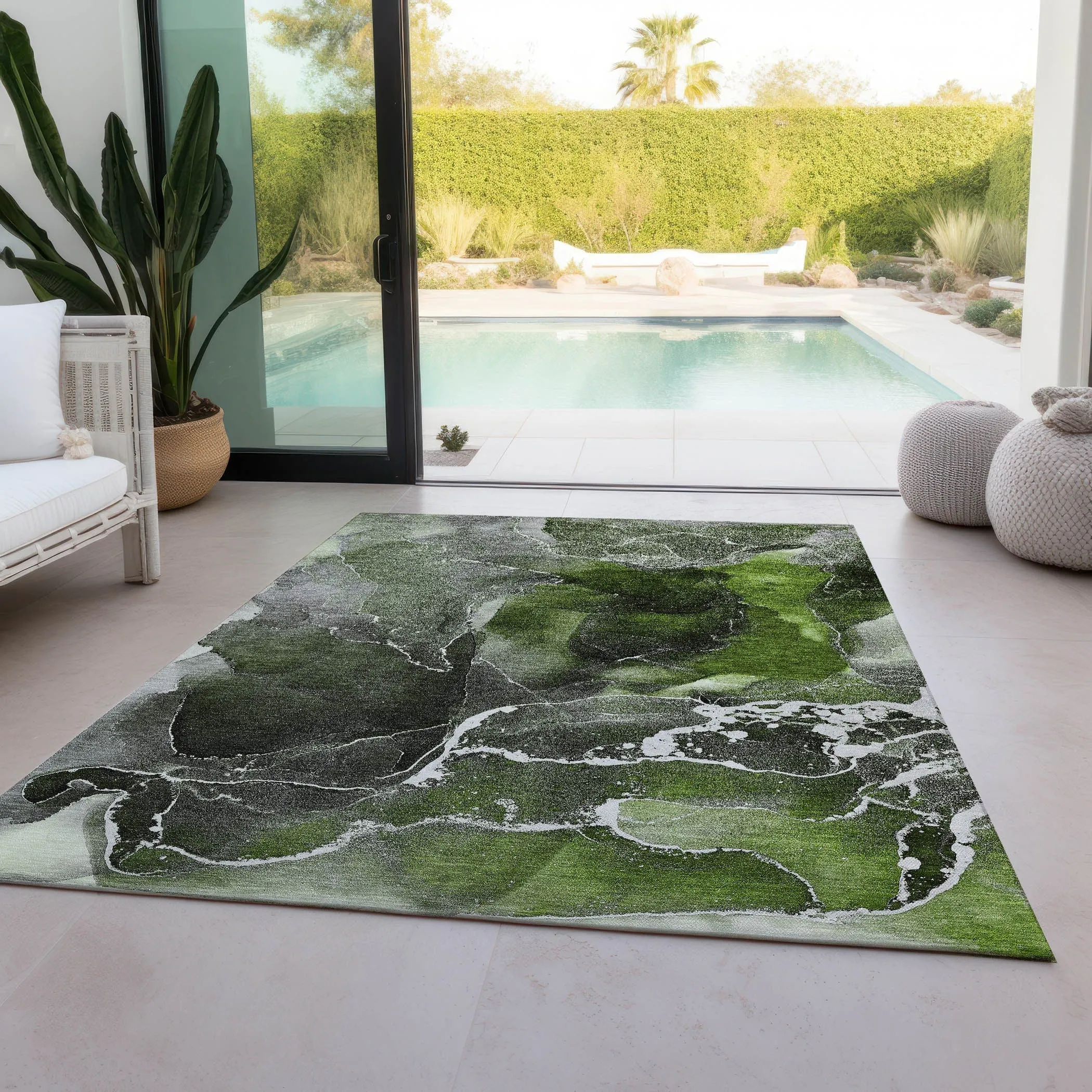 Machine Washable Indoor/ Outdoor Chantille Abstract Green Rug
