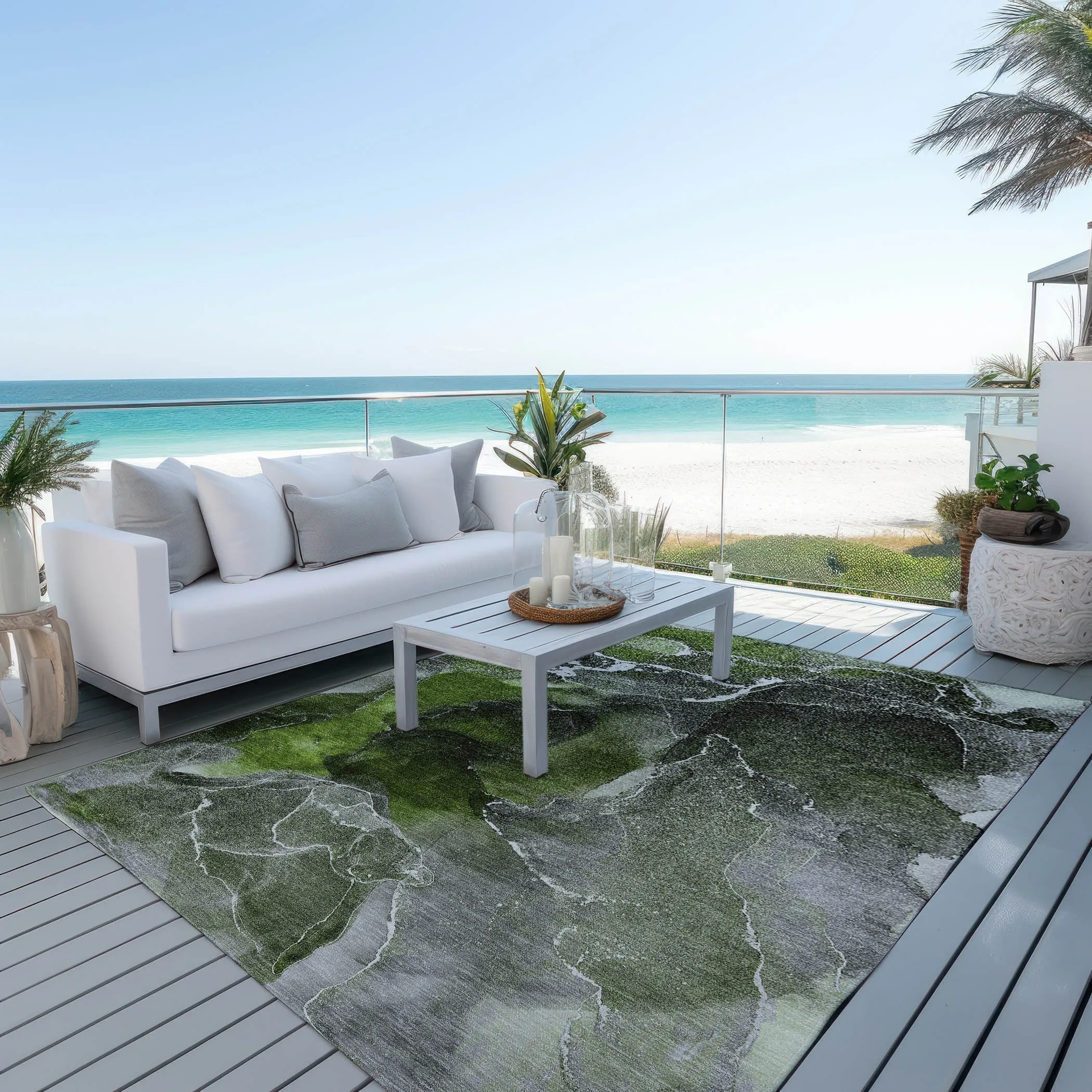 Machine Washable Indoor/ Outdoor Chantille Abstract Green Rug