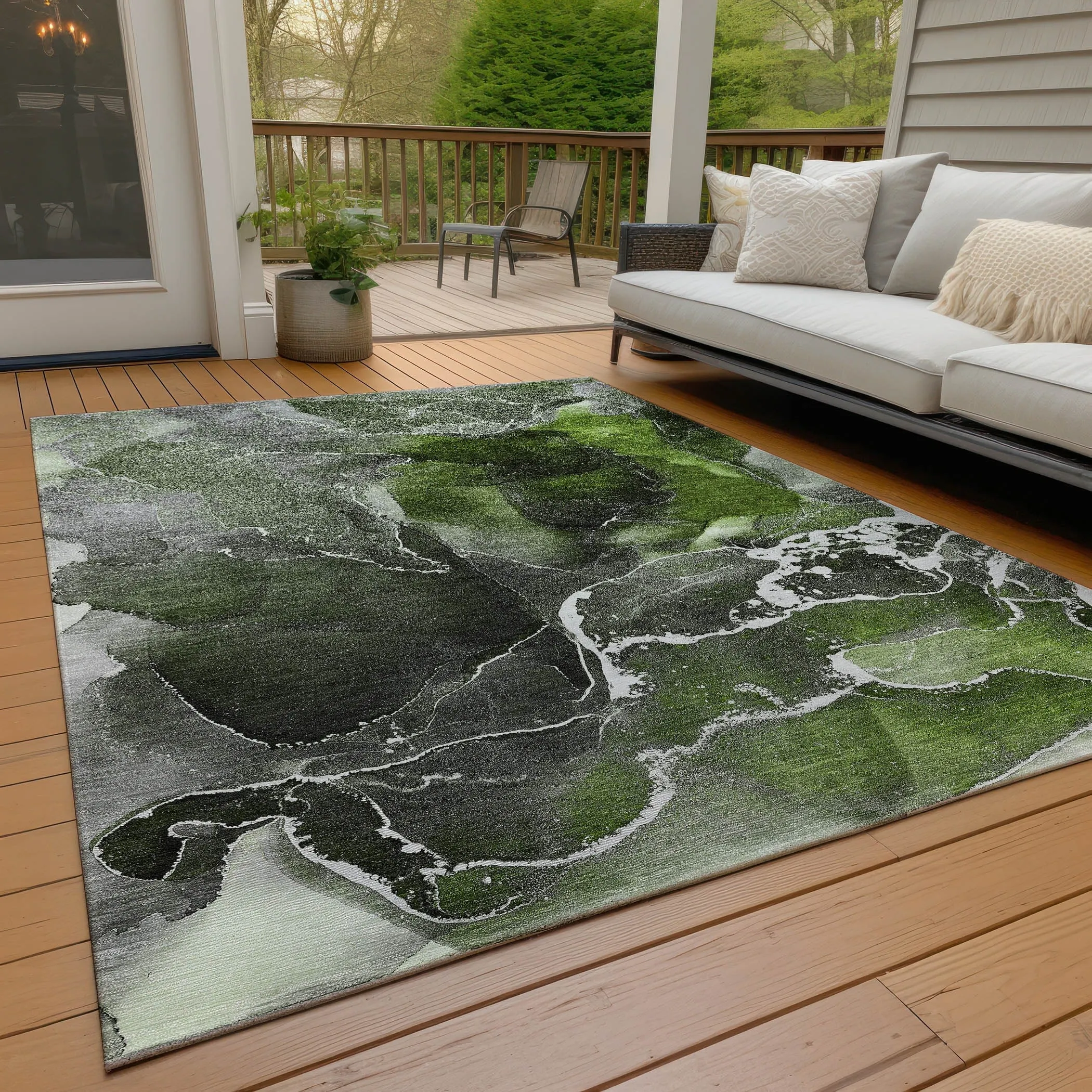 Machine Washable Indoor/ Outdoor Chantille Abstract Green Rug