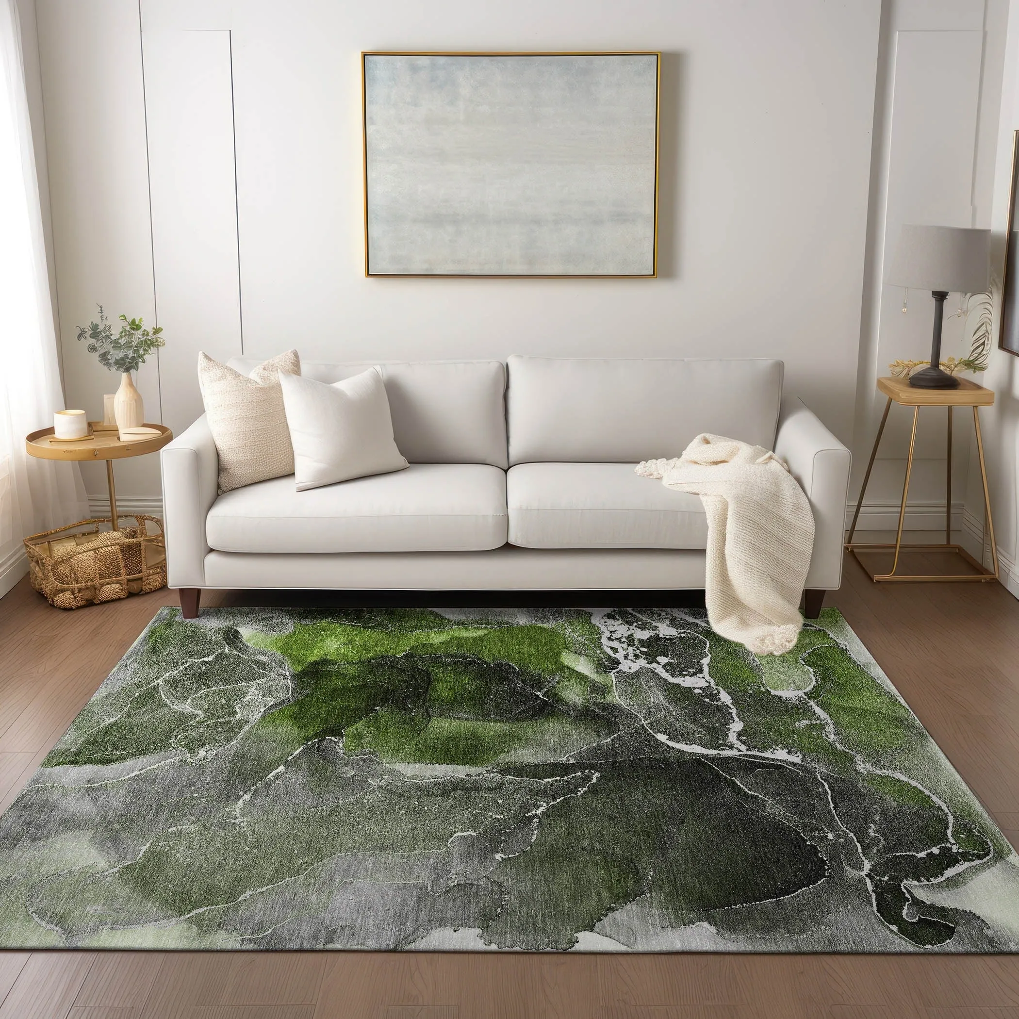 Machine Washable Indoor/ Outdoor Chantille Abstract Green Rug
