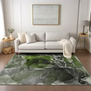 Machine Washable Indoor/ Outdoor Chantille Abstract Green Rug