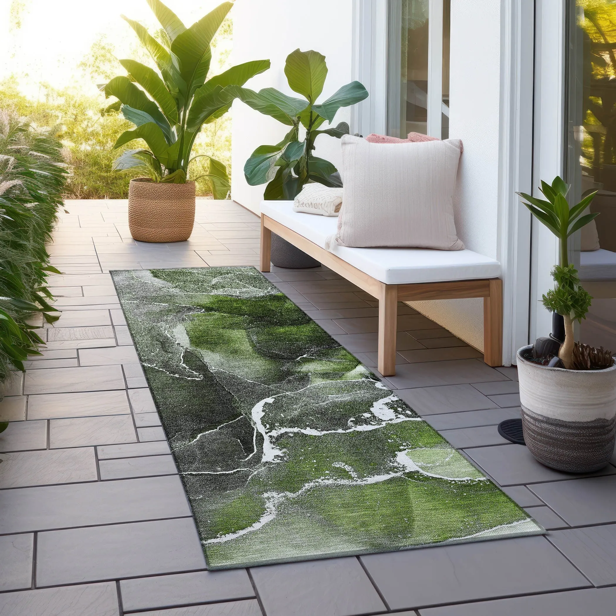 Machine Washable Indoor/ Outdoor Chantille Abstract Green Rug