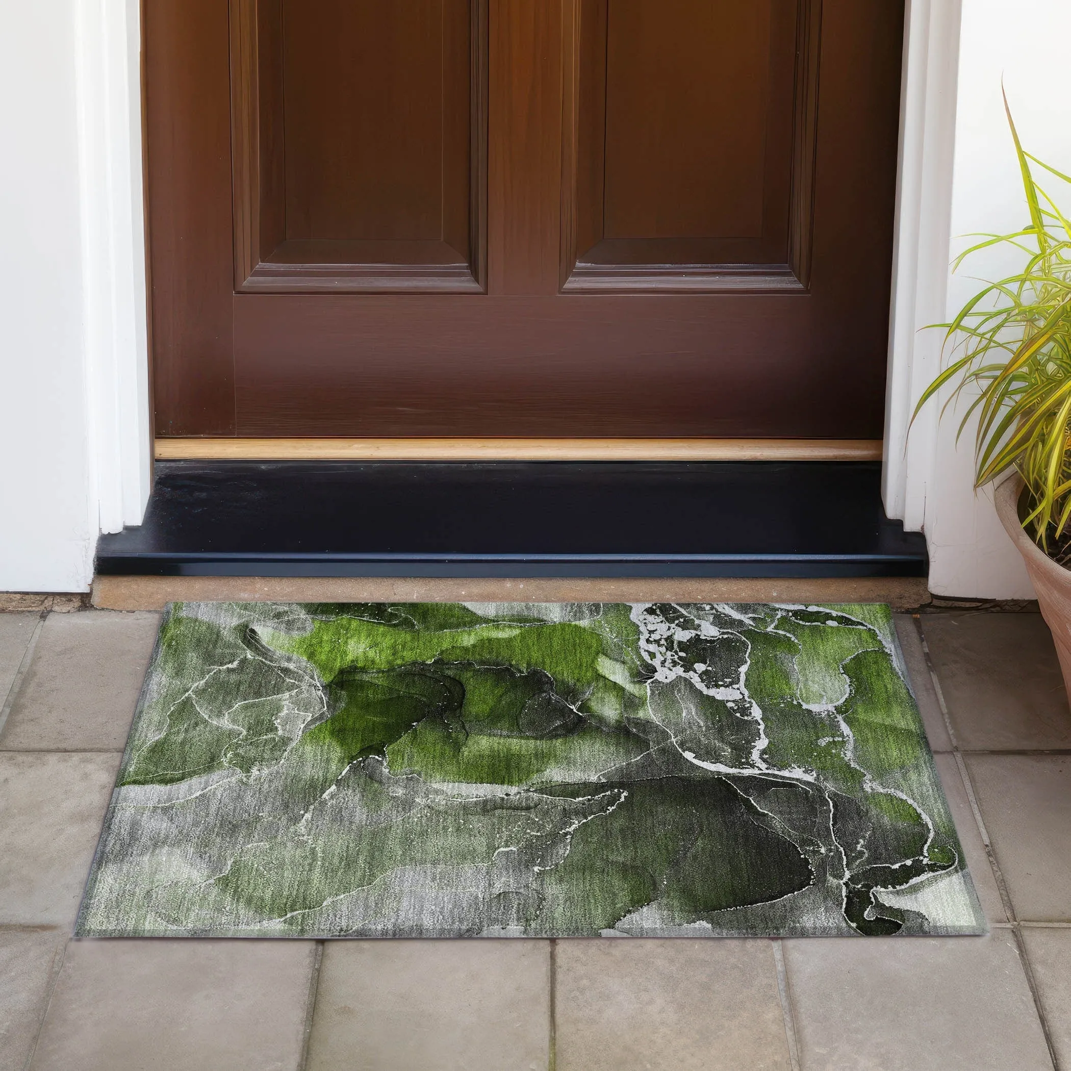 Machine Washable Indoor/ Outdoor Chantille Abstract Green Rug