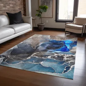 Machine Washable Indoor/ Outdoor Chantille Abstract Navy Rug