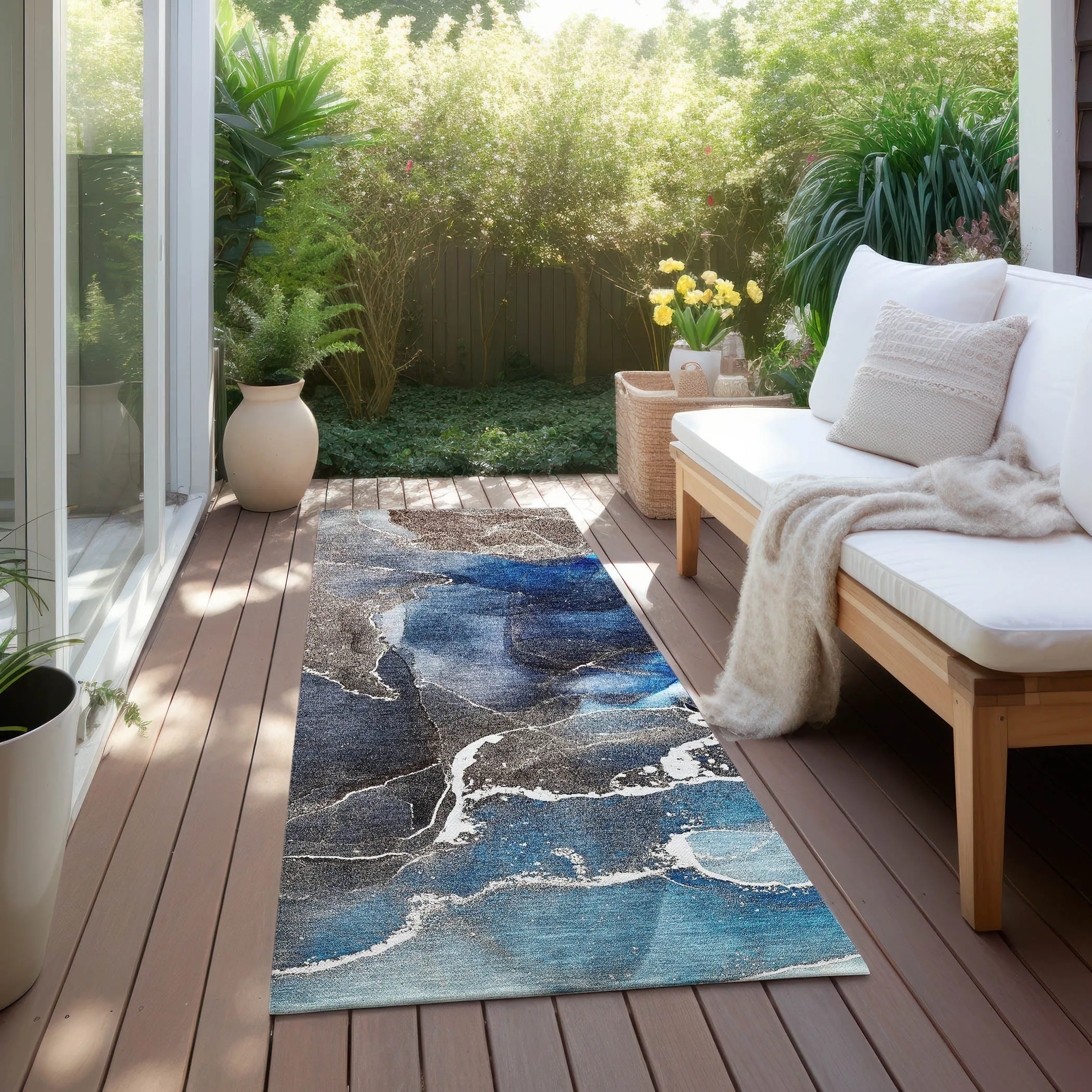Machine Washable Indoor/ Outdoor Chantille Abstract Navy Rug