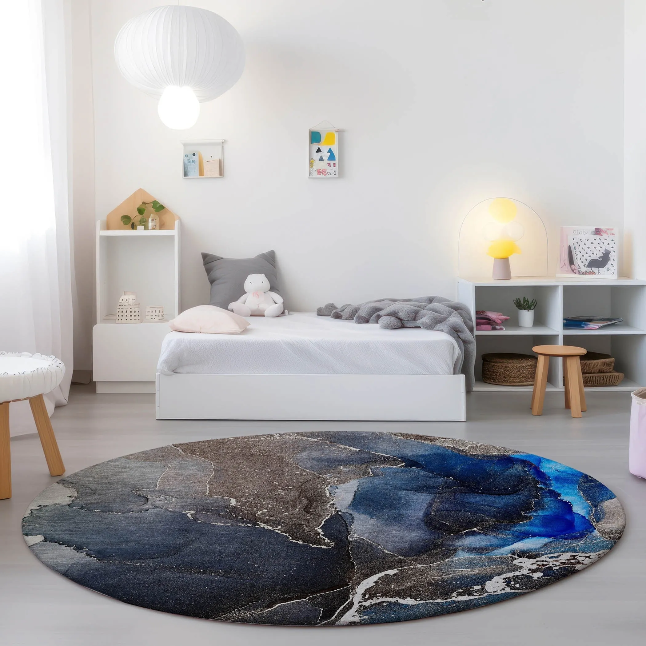 Machine Washable Indoor/ Outdoor Chantille Abstract Navy Rug