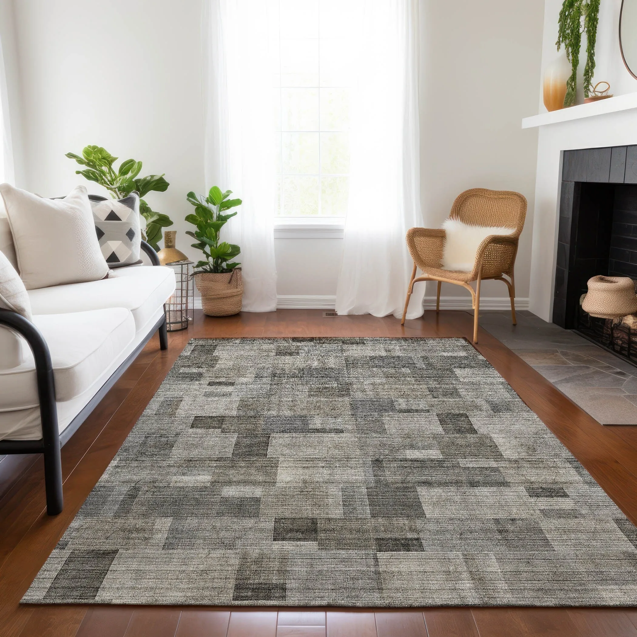 Machine Washable Indoor/ Outdoor Chantille Contemporary Blocks Rug