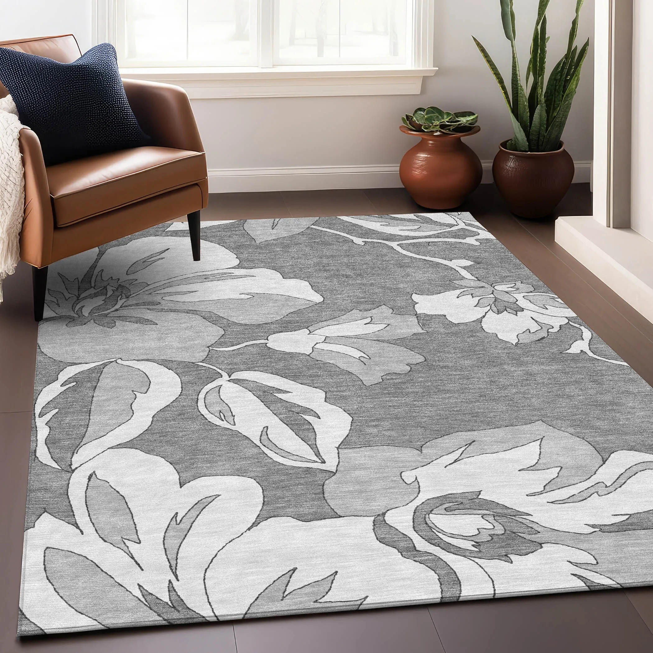 Machine Washable Indoor/ Outdoor Chantille Floral Rug