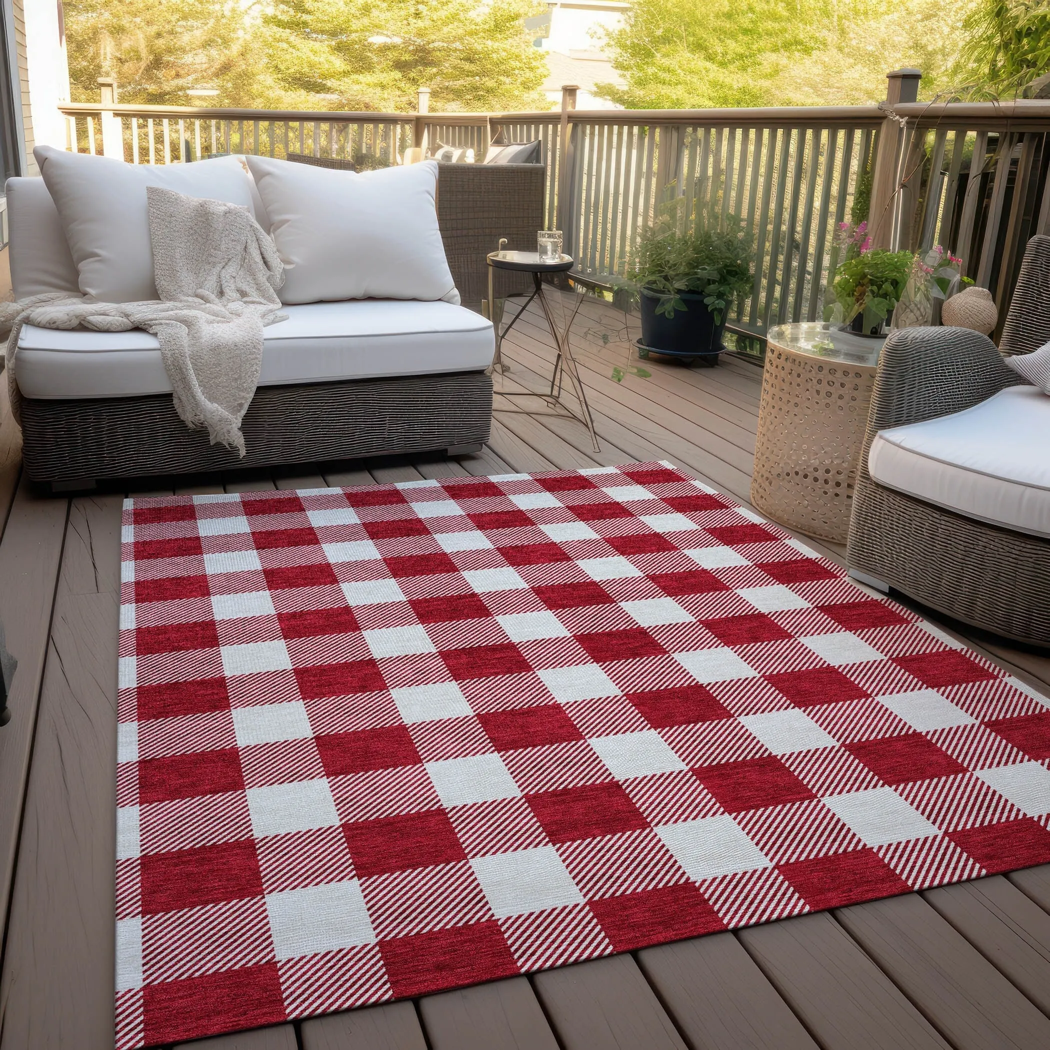Machine Washable Indoor/ Outdoor Chantille Plaid Rug