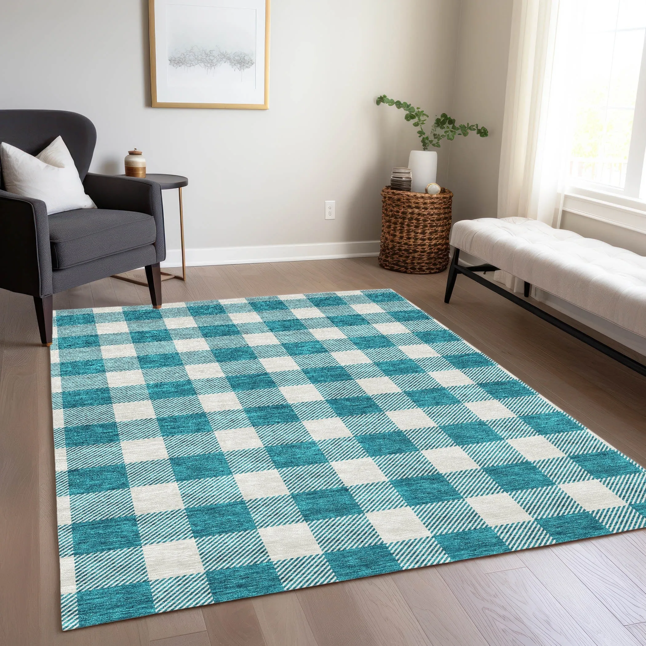 Machine Washable Indoor/ Outdoor Chantille Plaid Rug