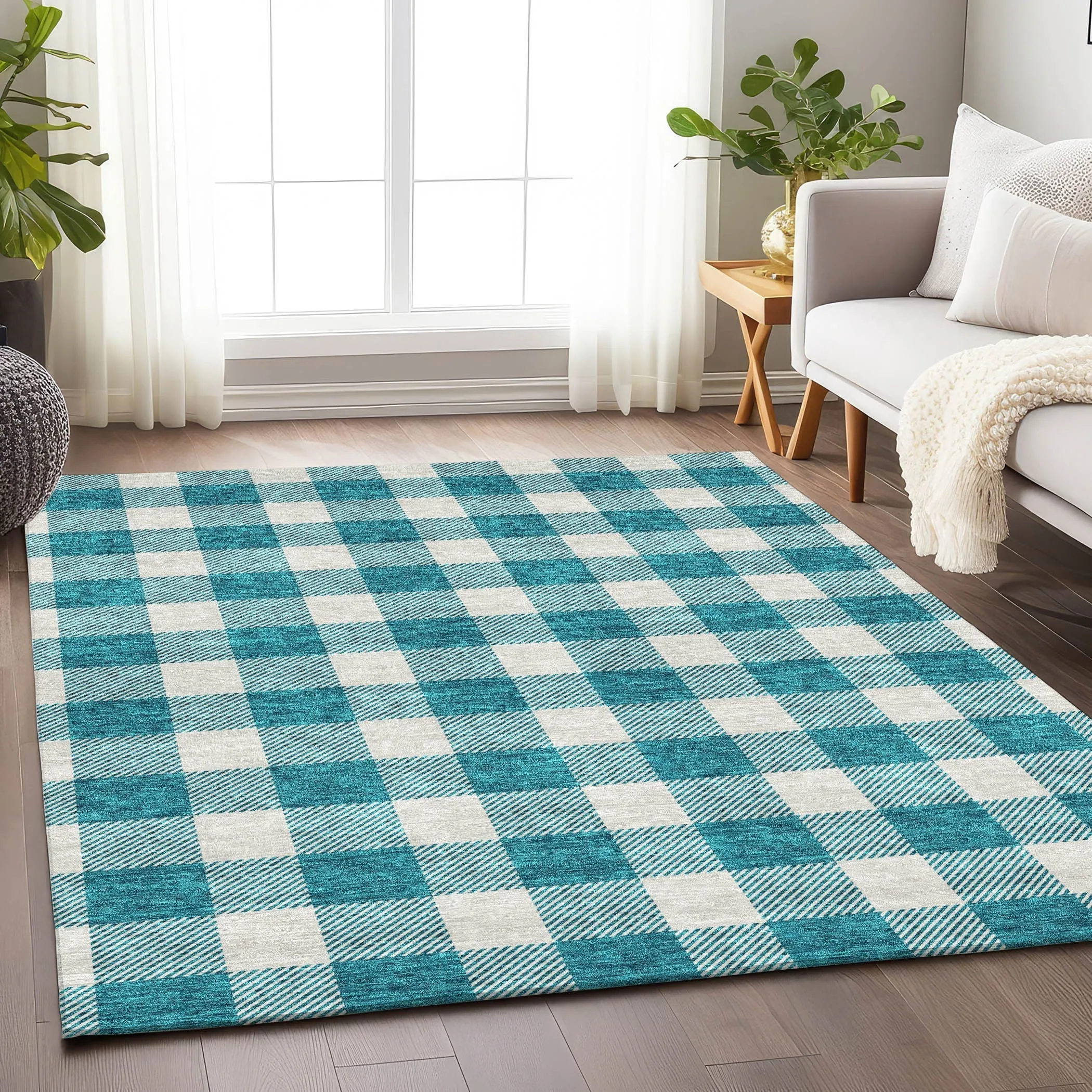 Machine Washable Indoor/ Outdoor Chantille Plaid Rug