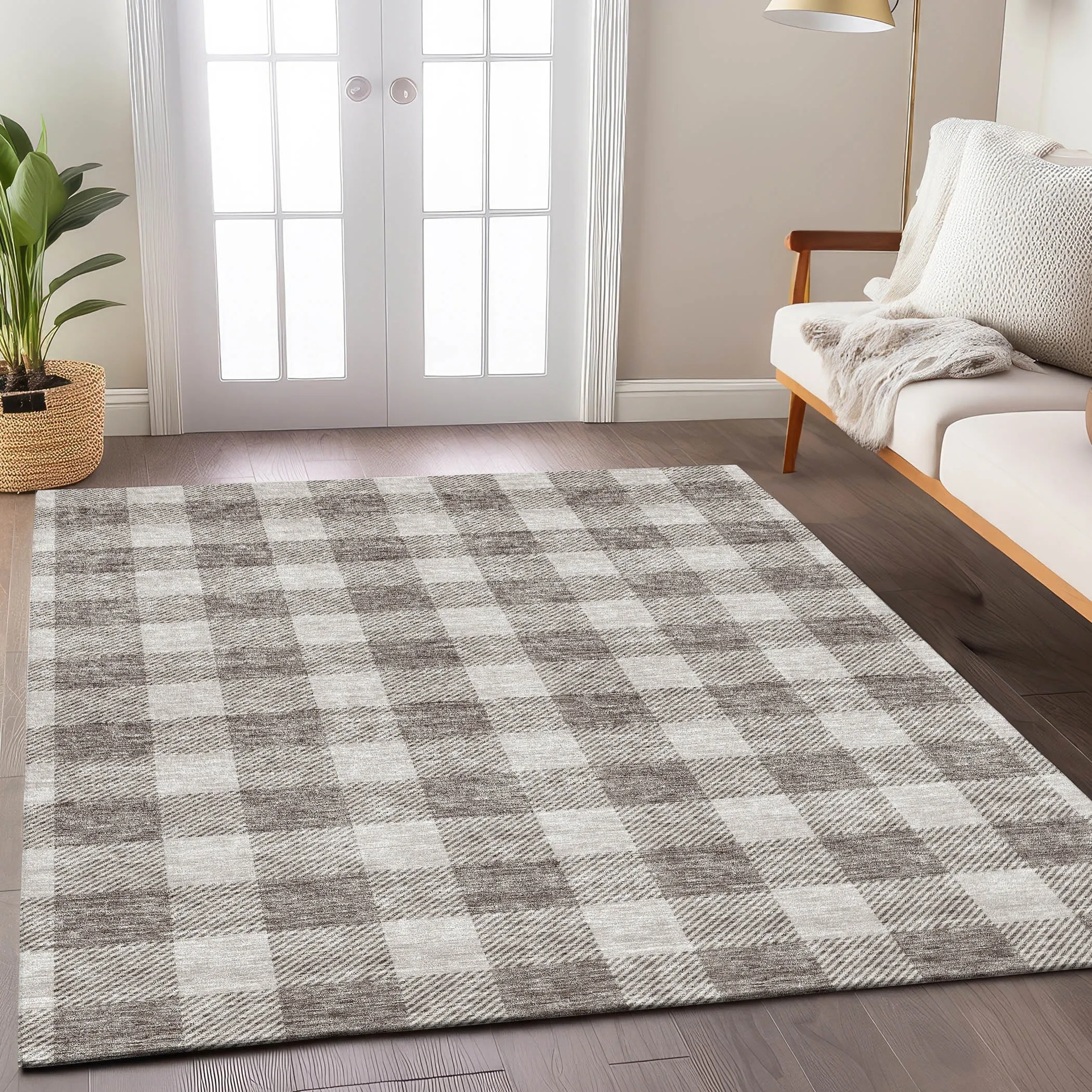 Machine Washable Indoor/ Outdoor Chantille Plaid Rug