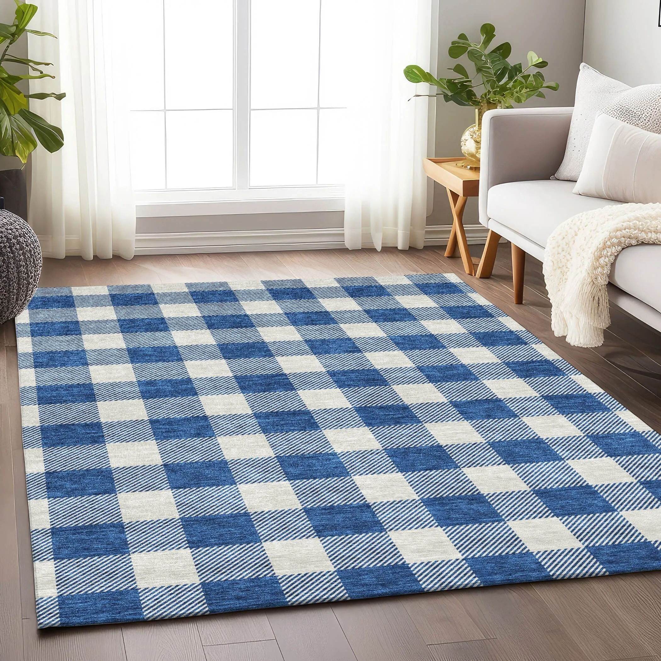 Machine Washable Indoor/ Outdoor Chantille Plaid Rug