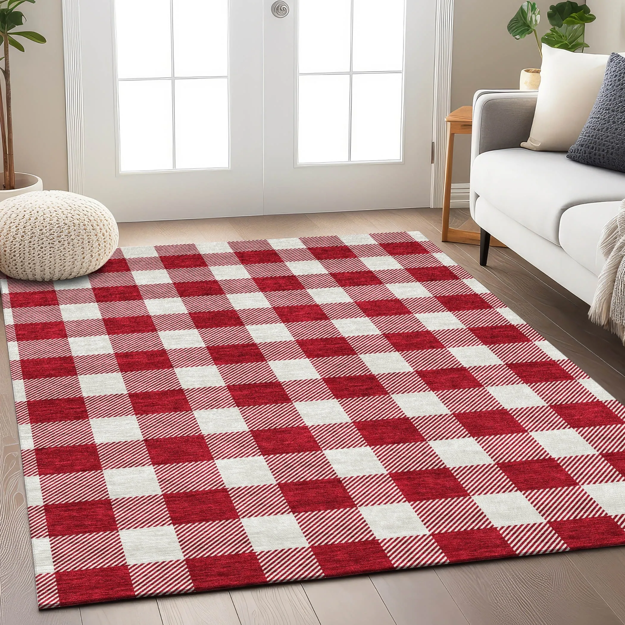 Machine Washable Indoor/ Outdoor Chantille Plaid Rug