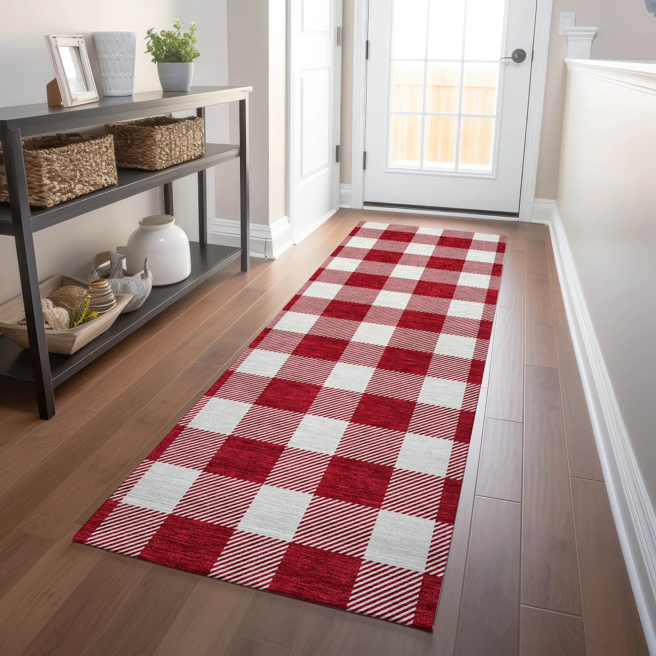Machine Washable Indoor/ Outdoor Chantille Plaid Rug