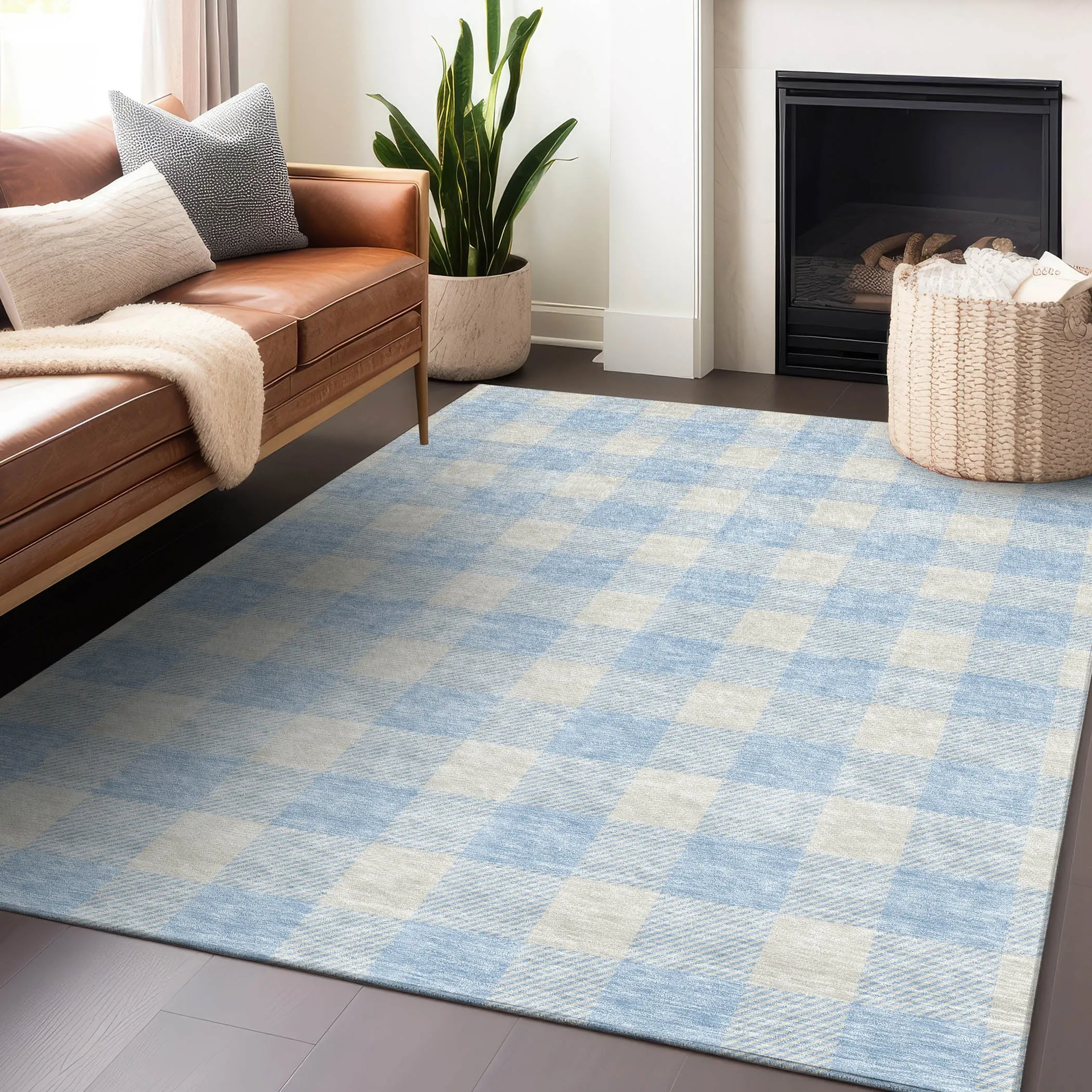 Machine Washable Indoor/ Outdoor Chantille Plaid Rug