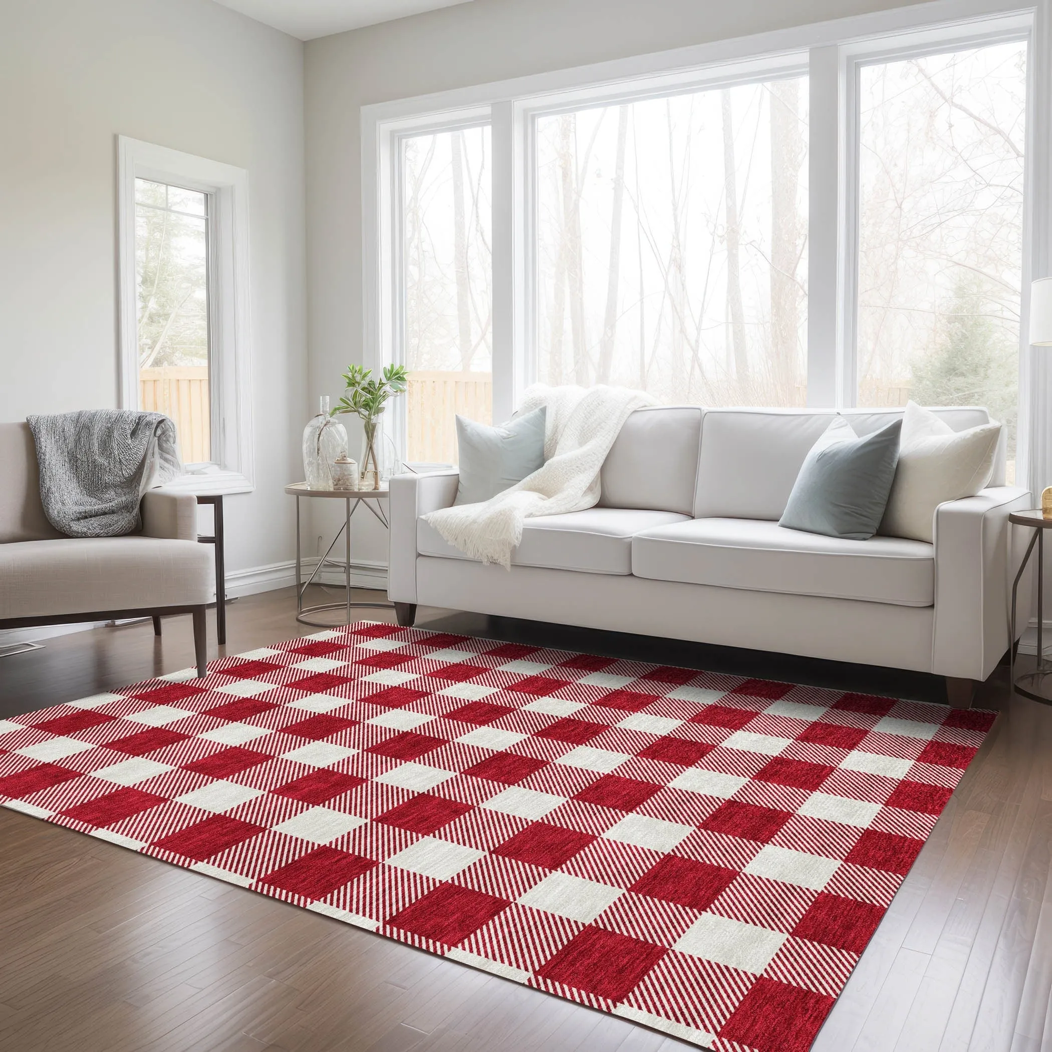 Machine Washable Indoor/ Outdoor Chantille Plaid Rug