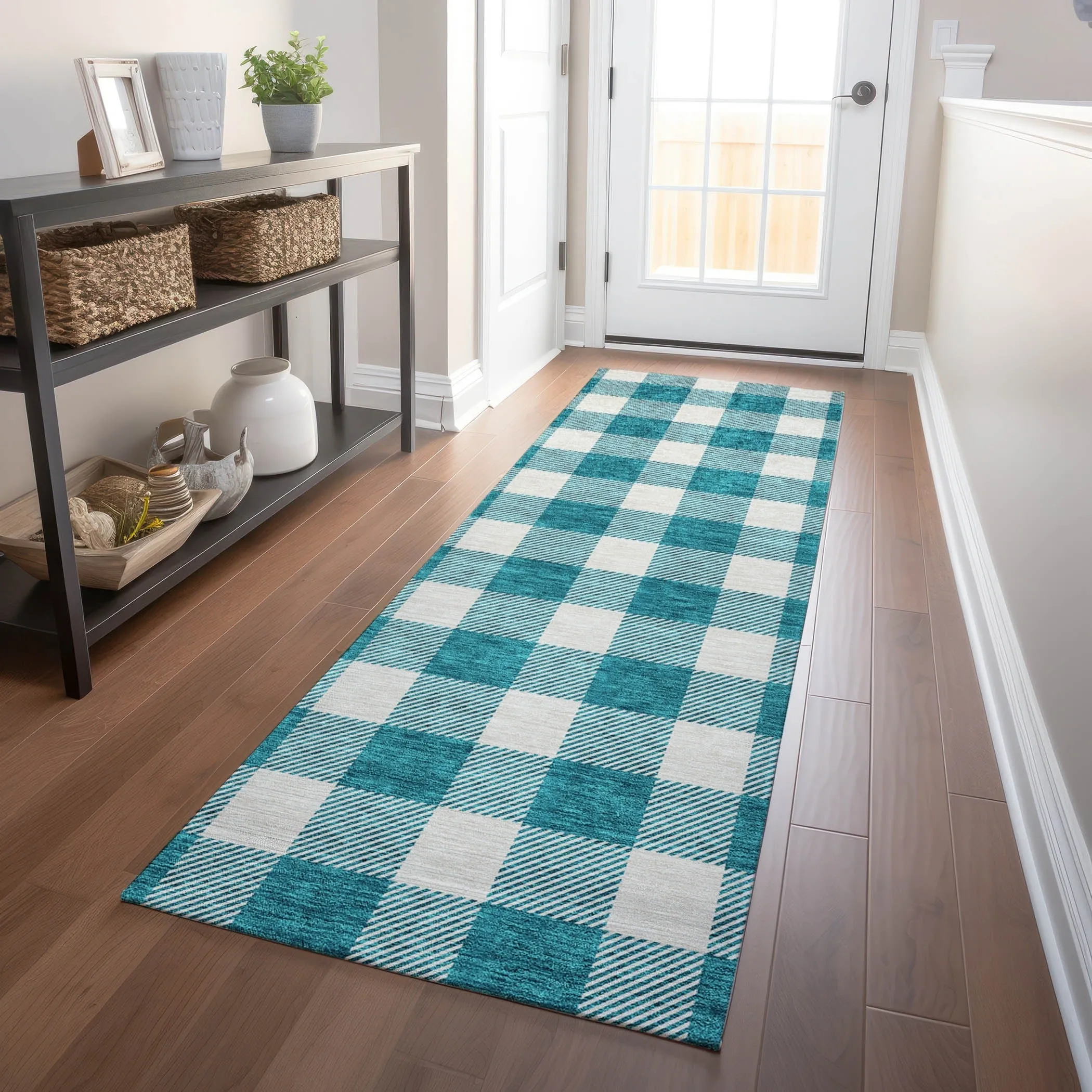 Machine Washable Indoor/ Outdoor Chantille Plaid Rug