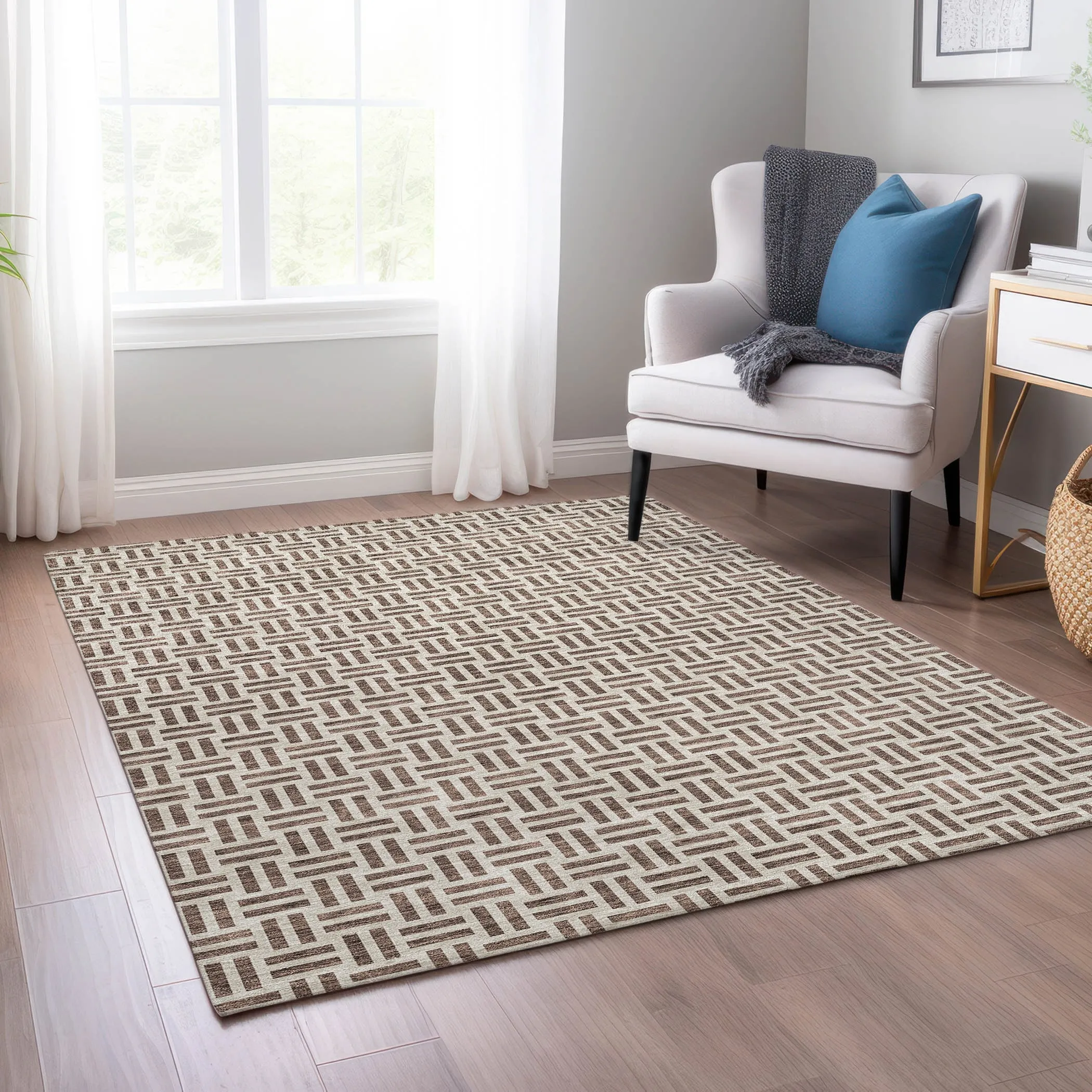 Machine Washable Indoor/ Outdoor Contemporary Basketweave Chantille Rug