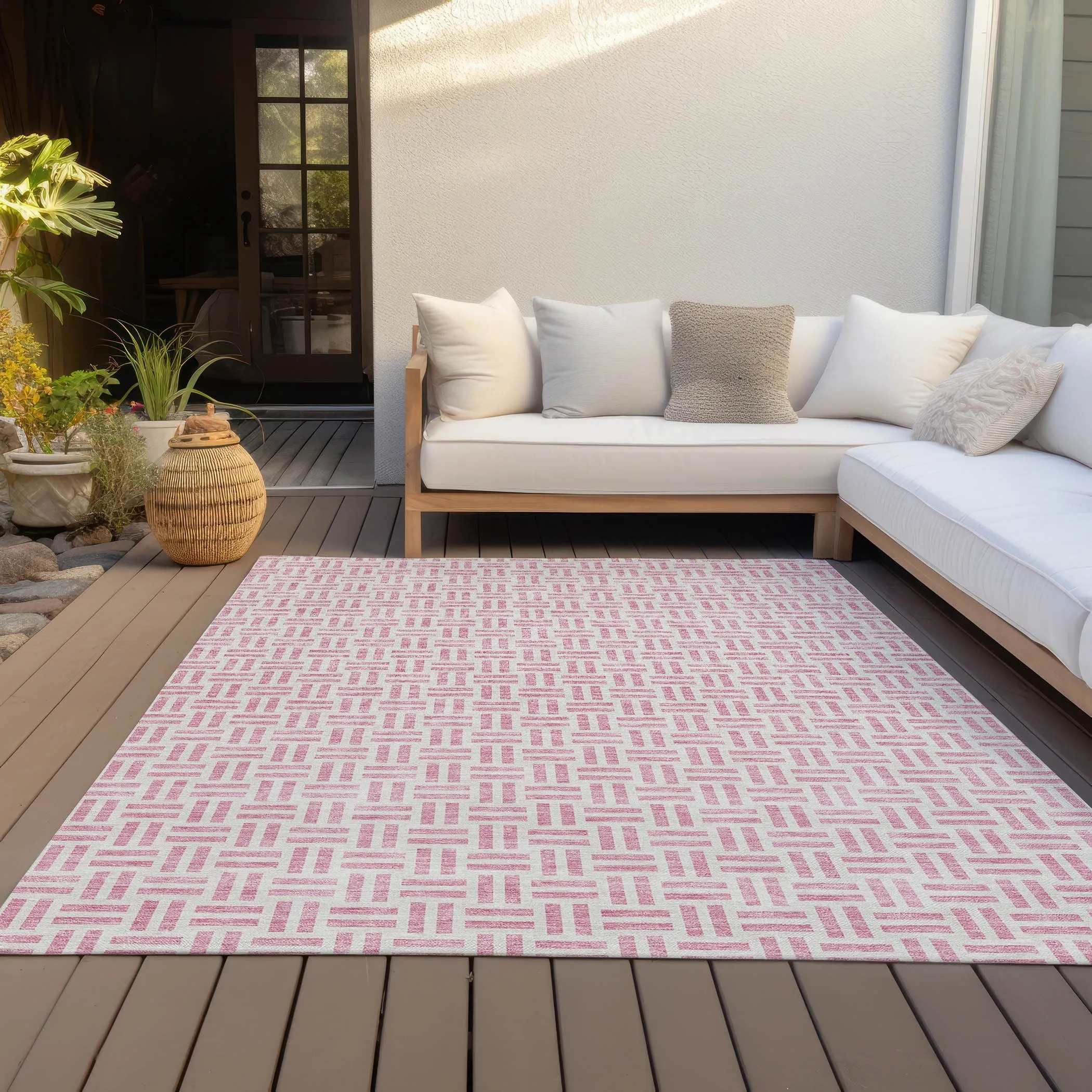 Machine Washable Indoor/ Outdoor Contemporary Basketweave Chantille Rug