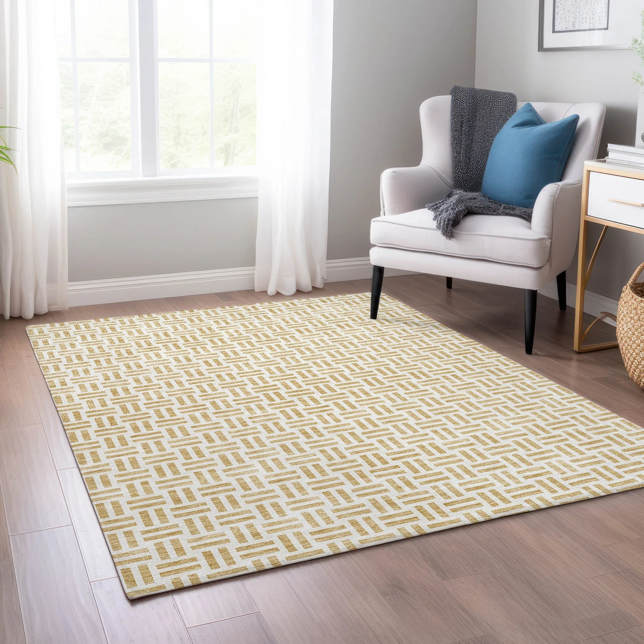 Machine Washable Indoor/ Outdoor Contemporary Basketweave Chantille Rug