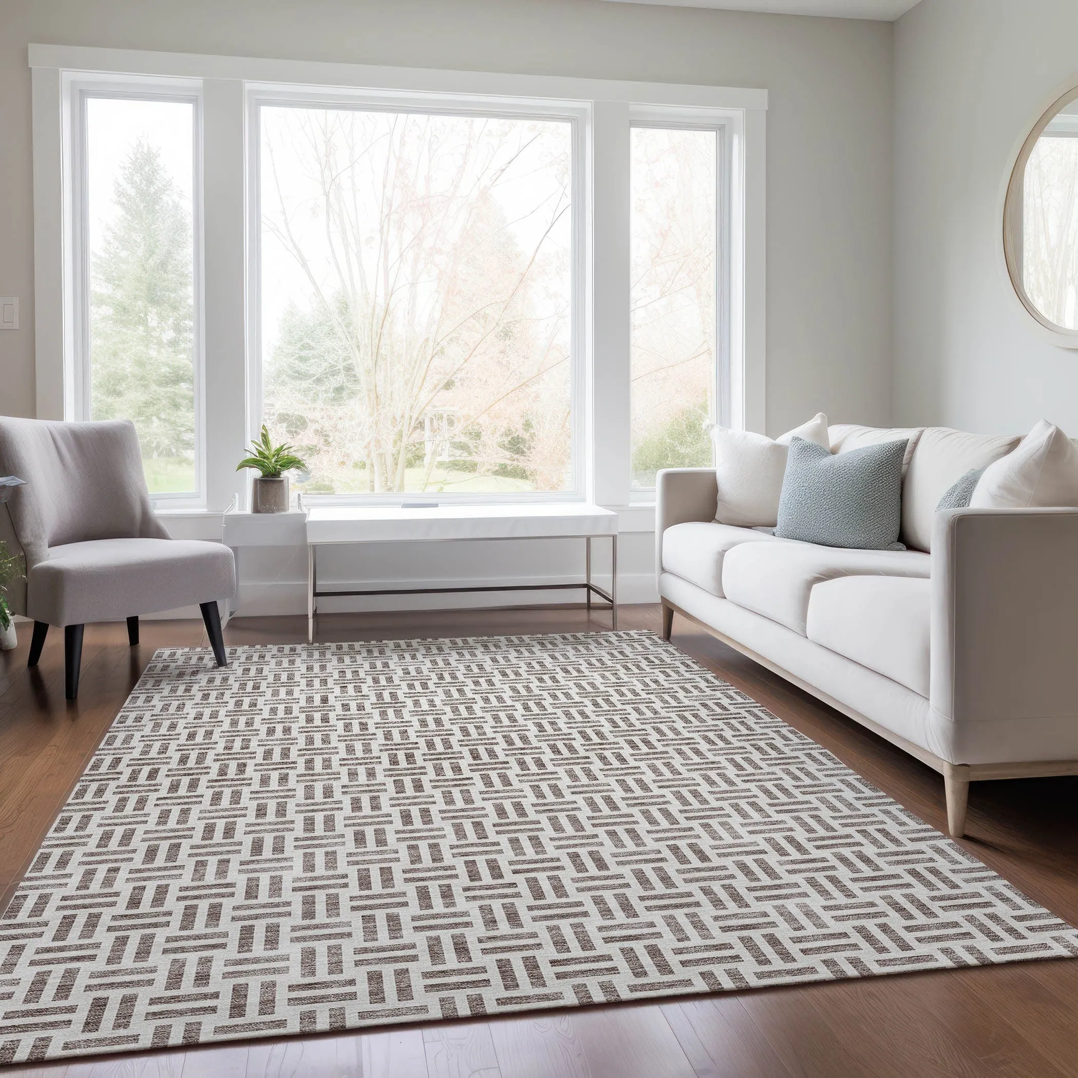 Machine Washable Indoor/ Outdoor Contemporary Basketweave Chantille Rug