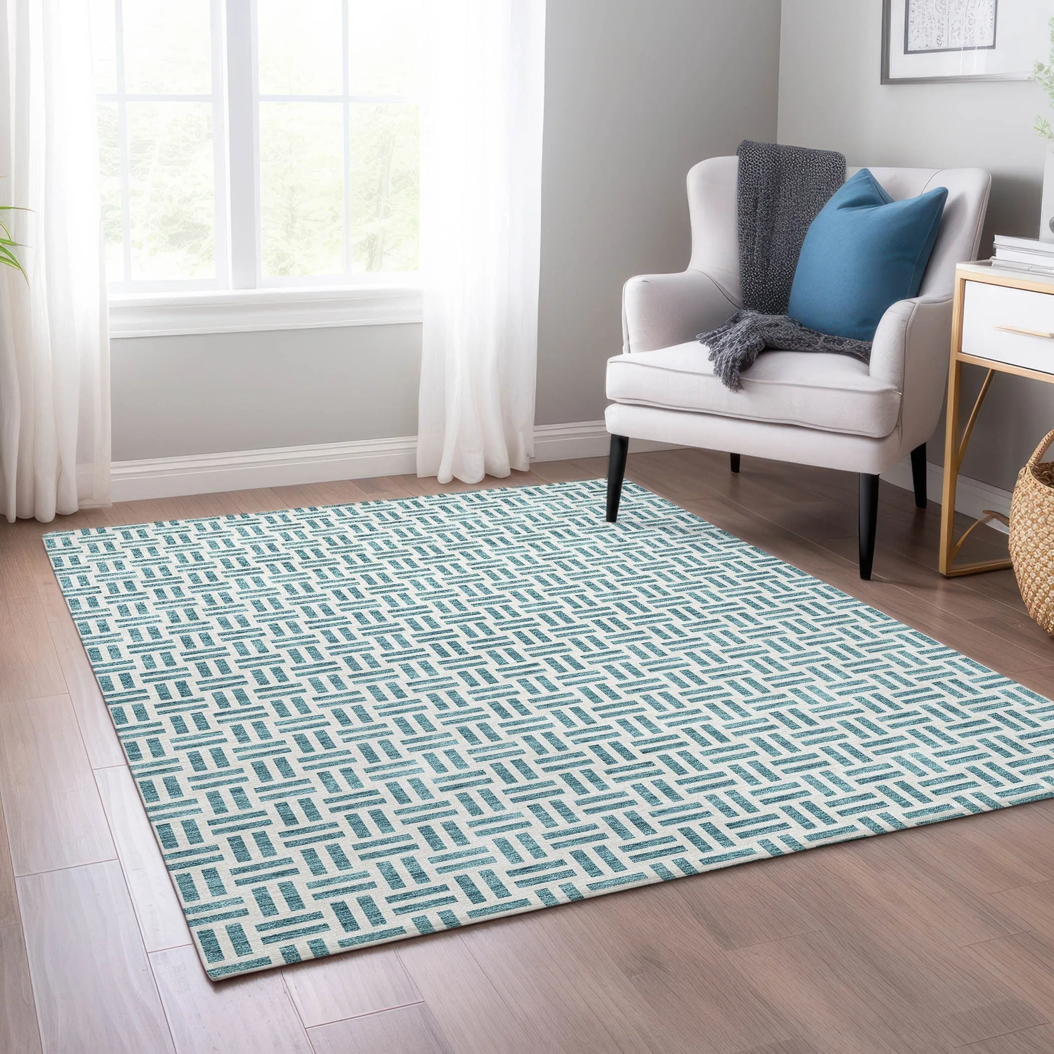 Machine Washable Indoor/ Outdoor Contemporary Basketweave Chantille Rug