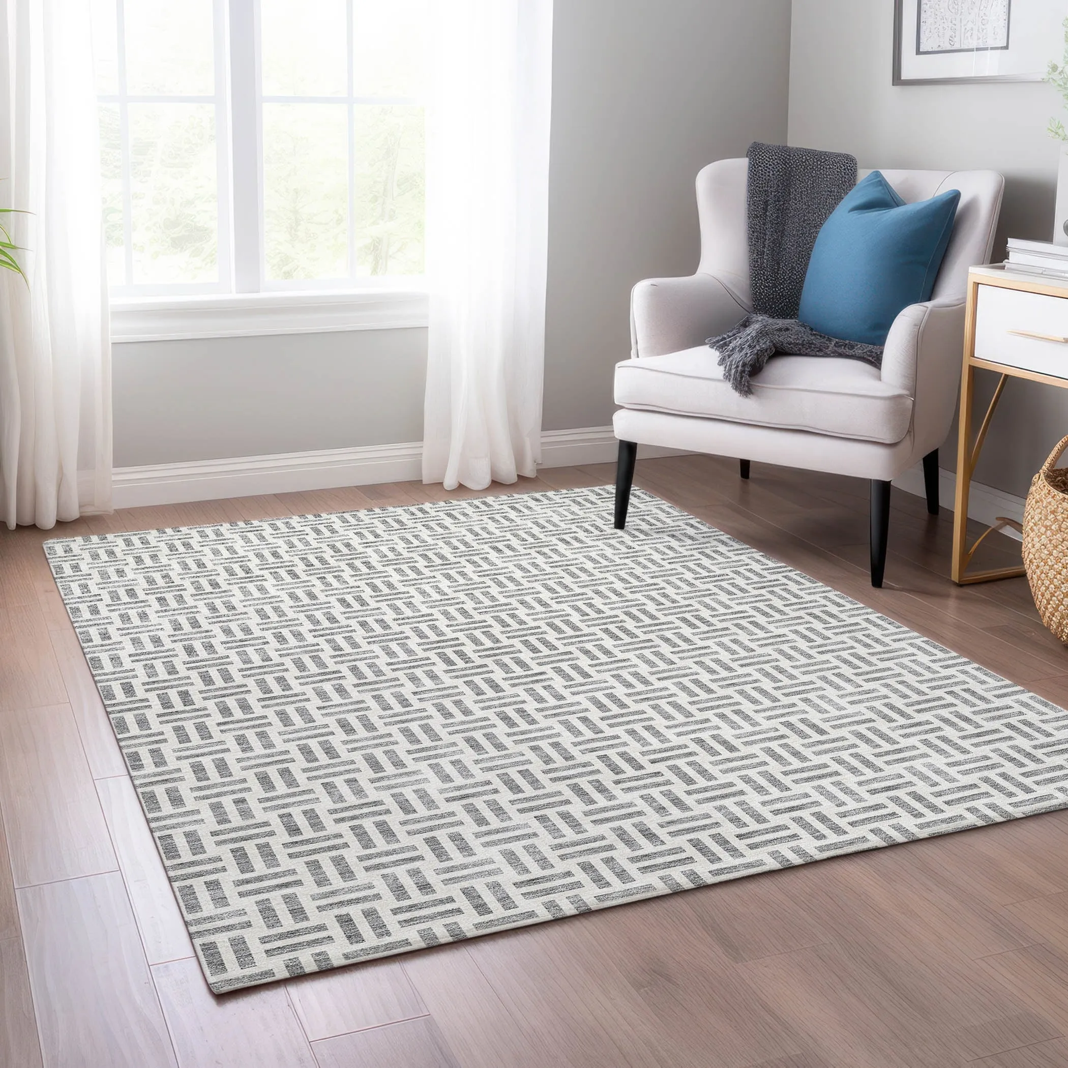 Machine Washable Indoor/ Outdoor Contemporary Basketweave Chantille Rug