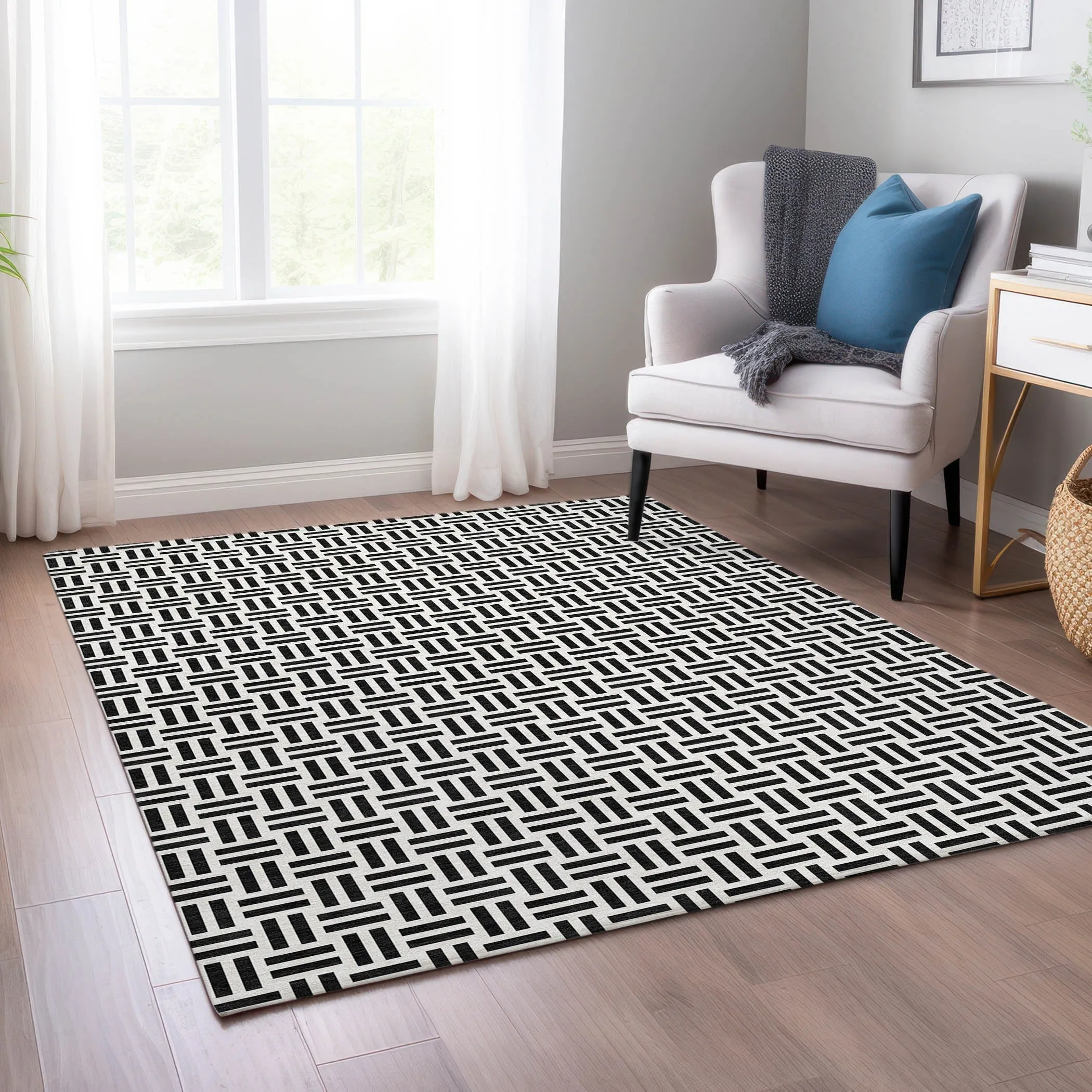 Machine Washable Indoor/ Outdoor Contemporary Basketweave Chantille Rug