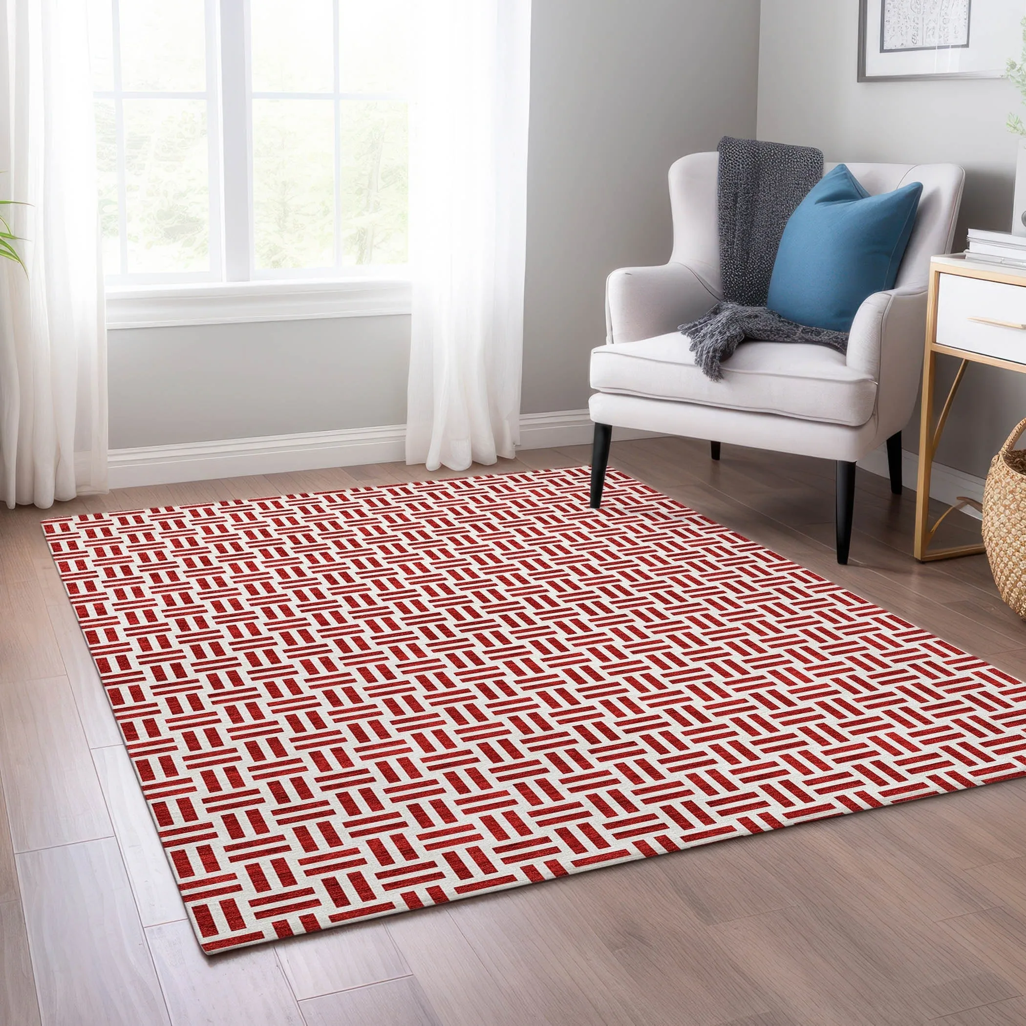 Machine Washable Indoor/ Outdoor Contemporary Basketweave Chantille Rug