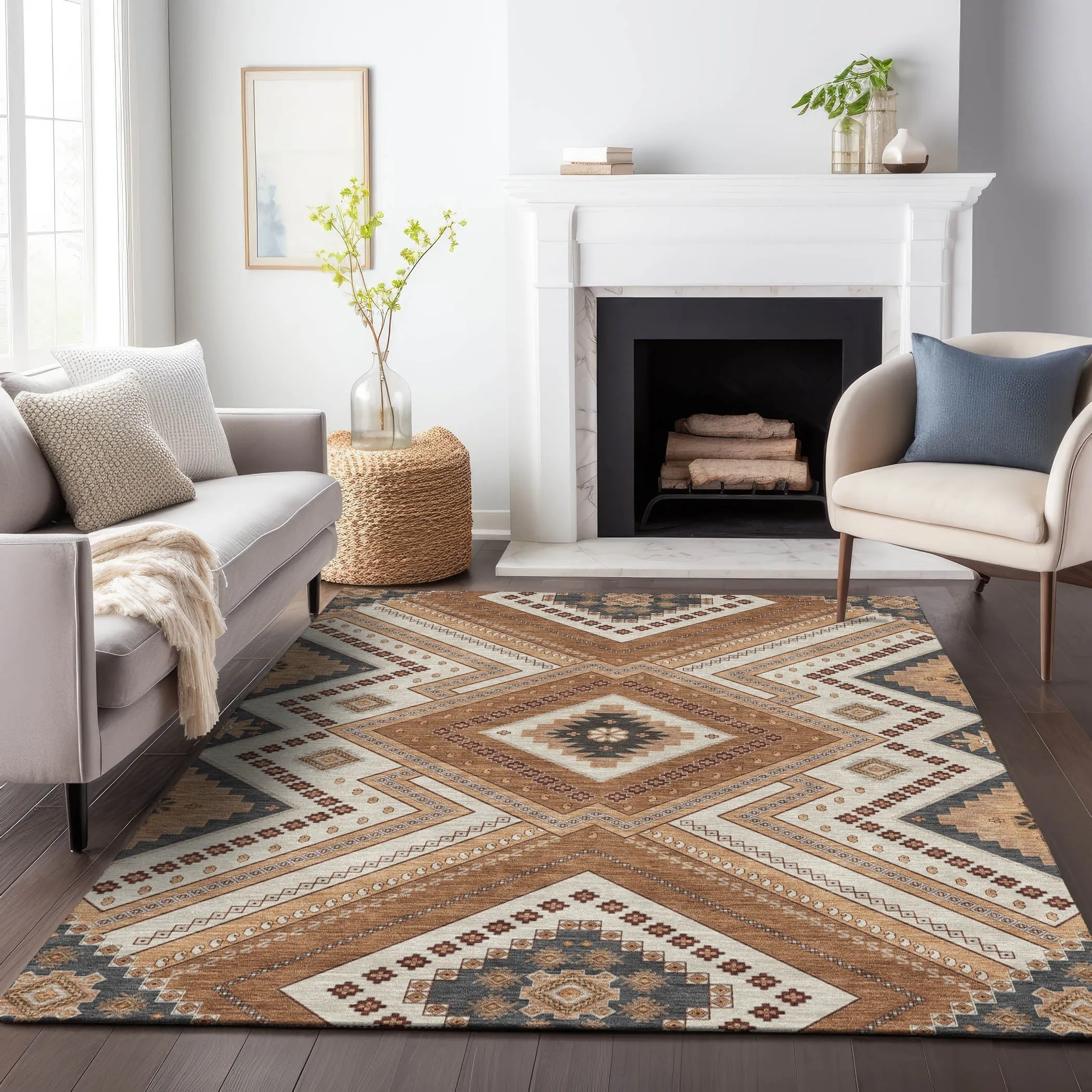 Machine Washable Indoor/ Outdoor Global Boho Chantille Rug