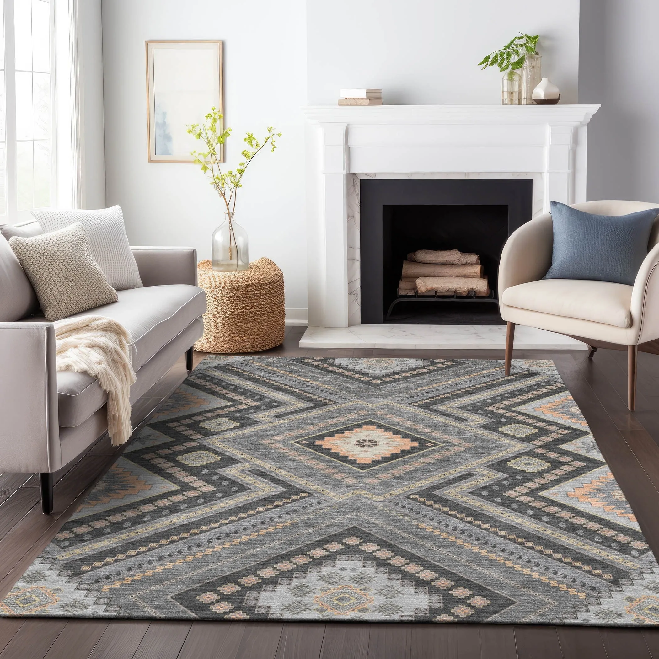 Machine Washable Indoor/ Outdoor Global Boho Chantille Rug
