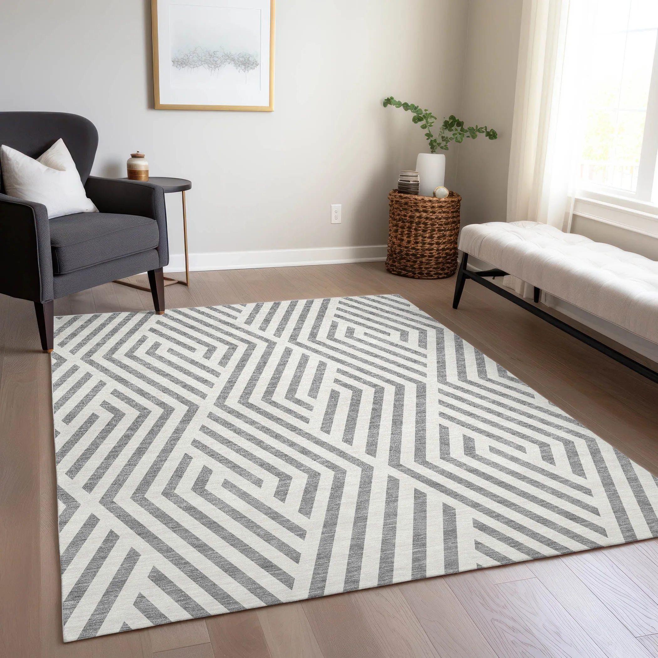 Machine Washable Indoor/ Outdoor Modern Diamonds Chantille Rug