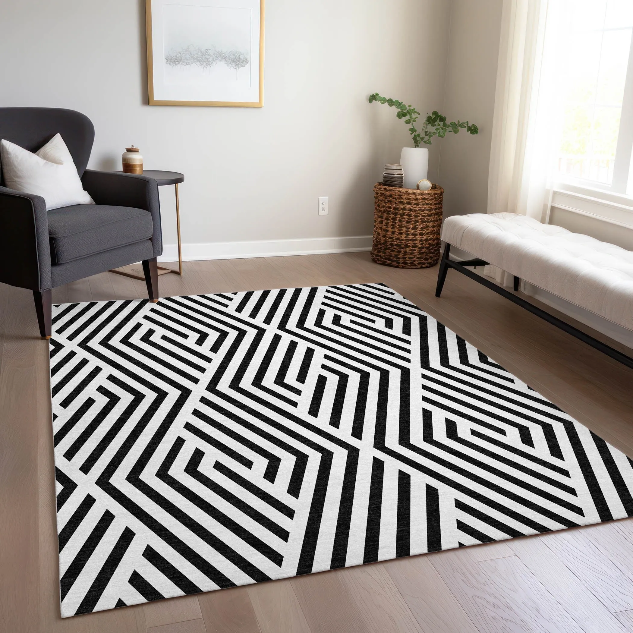 Machine Washable Indoor/ Outdoor Modern Diamonds Chantille Rug