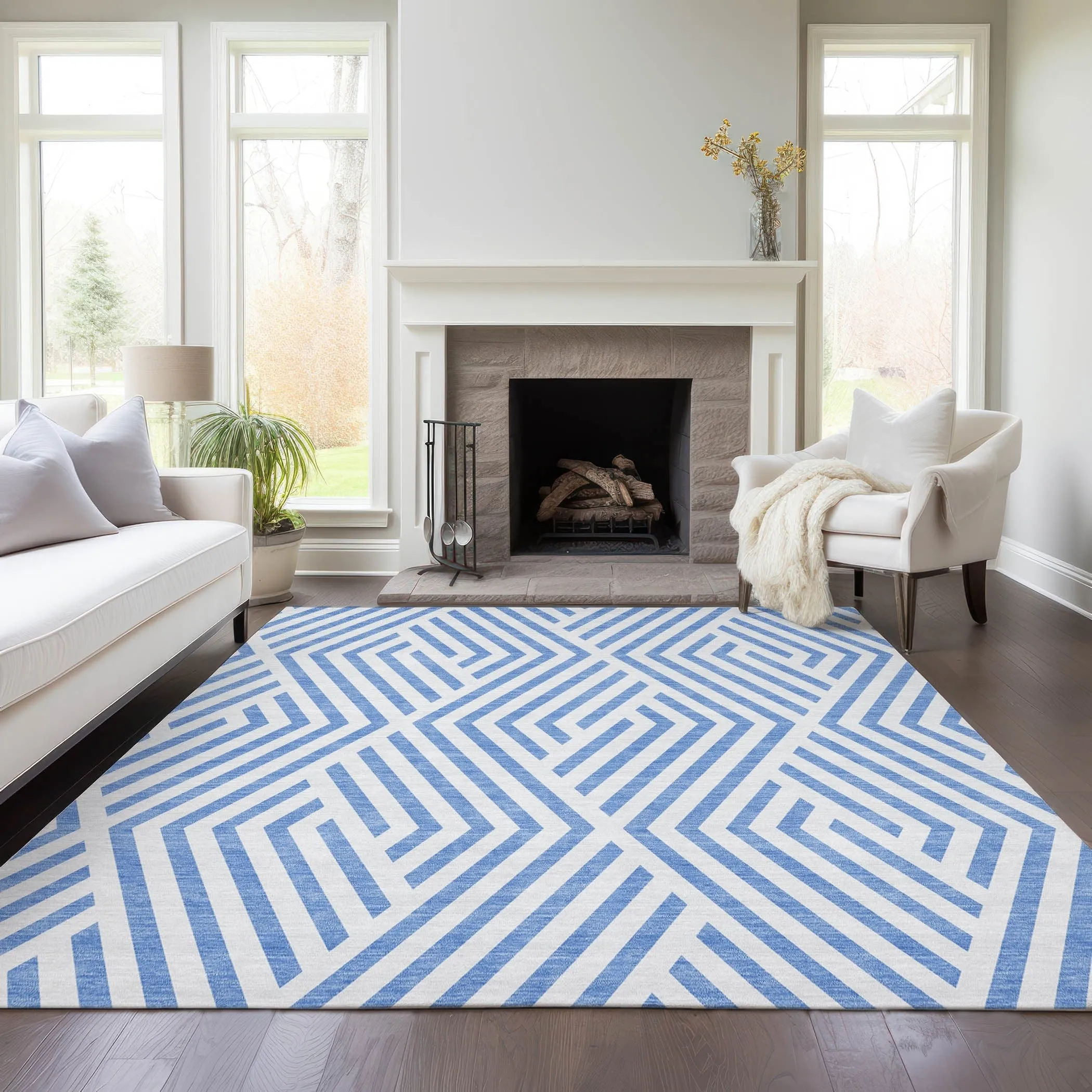 Machine Washable Indoor/ Outdoor Modern Diamonds Chantille Rug