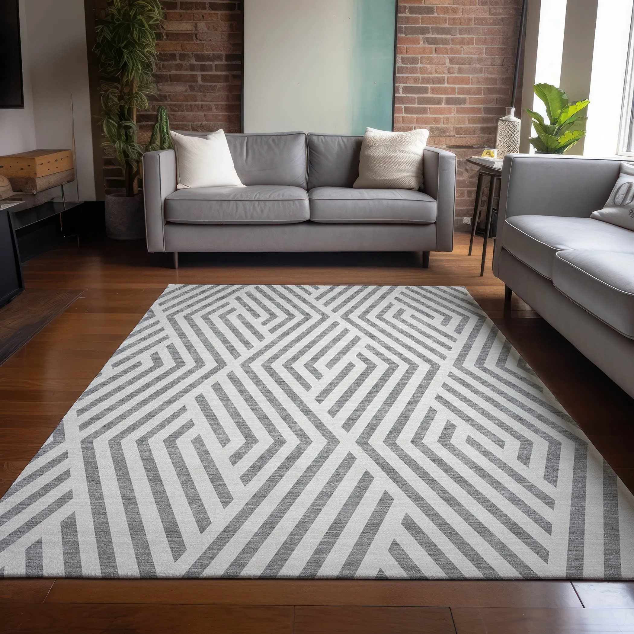 Machine Washable Indoor/ Outdoor Modern Diamonds Chantille Rug