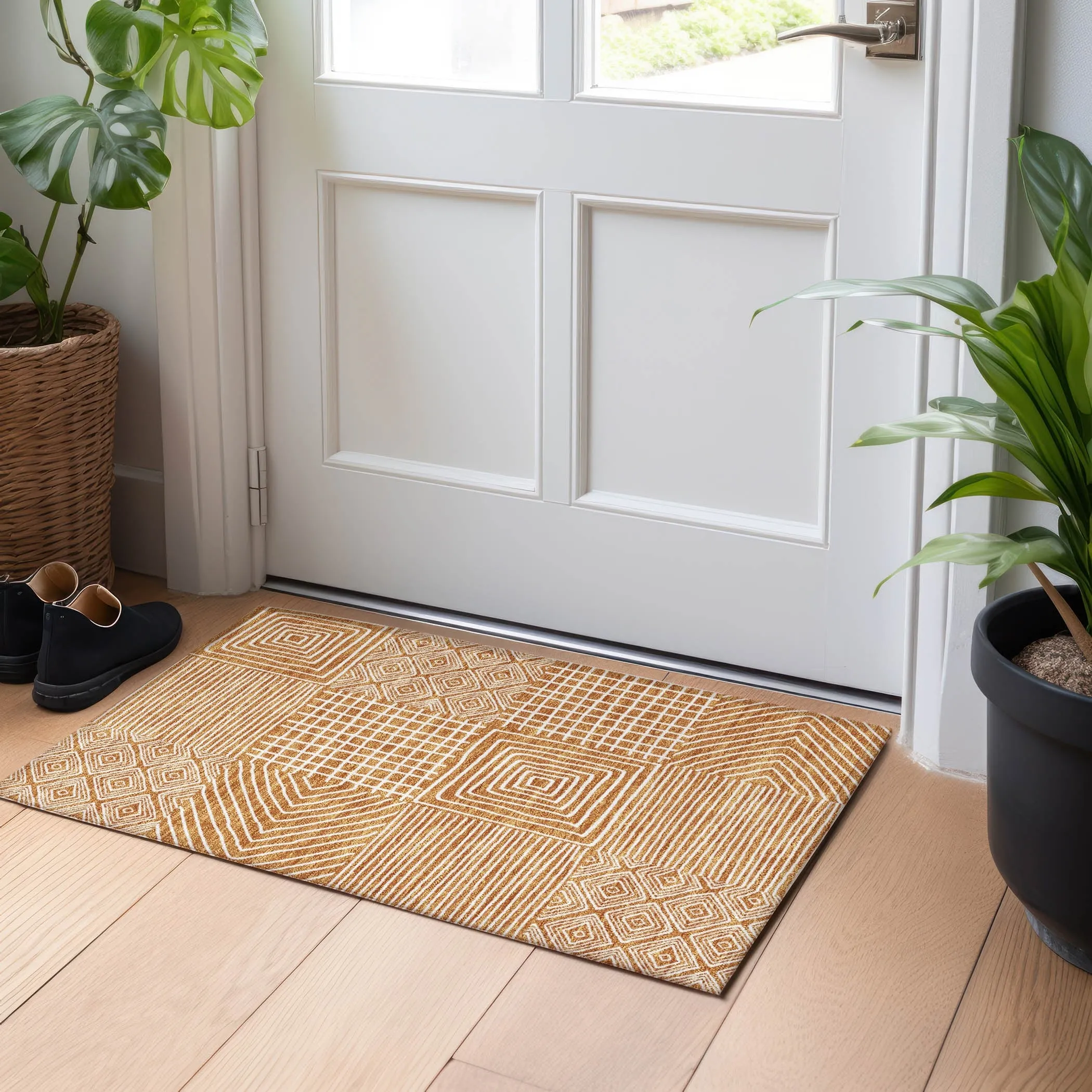 Machine Washable Indoor/ Outdoor Modern Mosaic Chantille Rug
