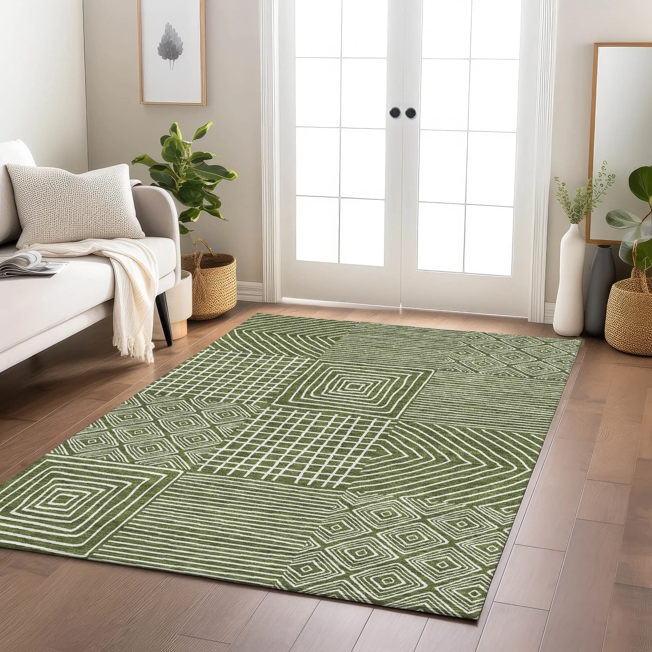 Machine Washable Indoor/ Outdoor Modern Mosaic Chantille Rug