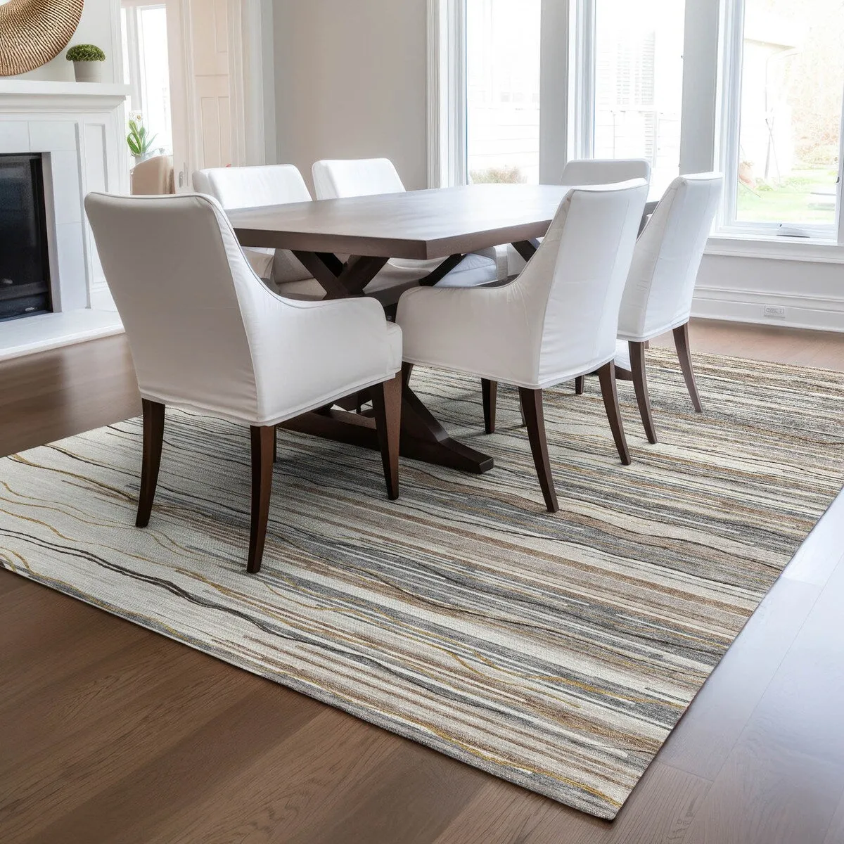 Machine Washable Indoor/ Outdoor Modern Stripe Chantille Rug