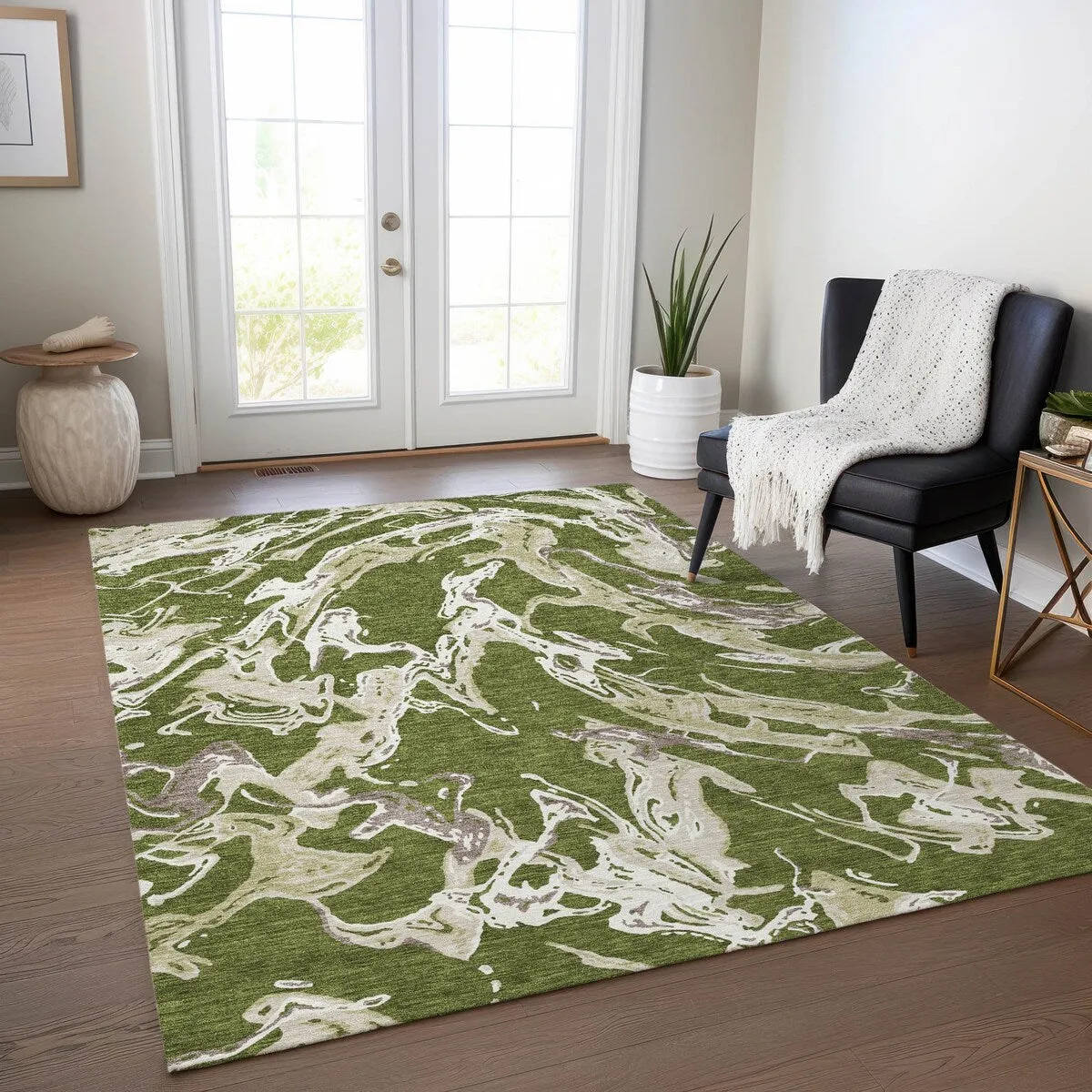 Machine Washable Indoor/ Outdoor Modern Wave Chantille Rug